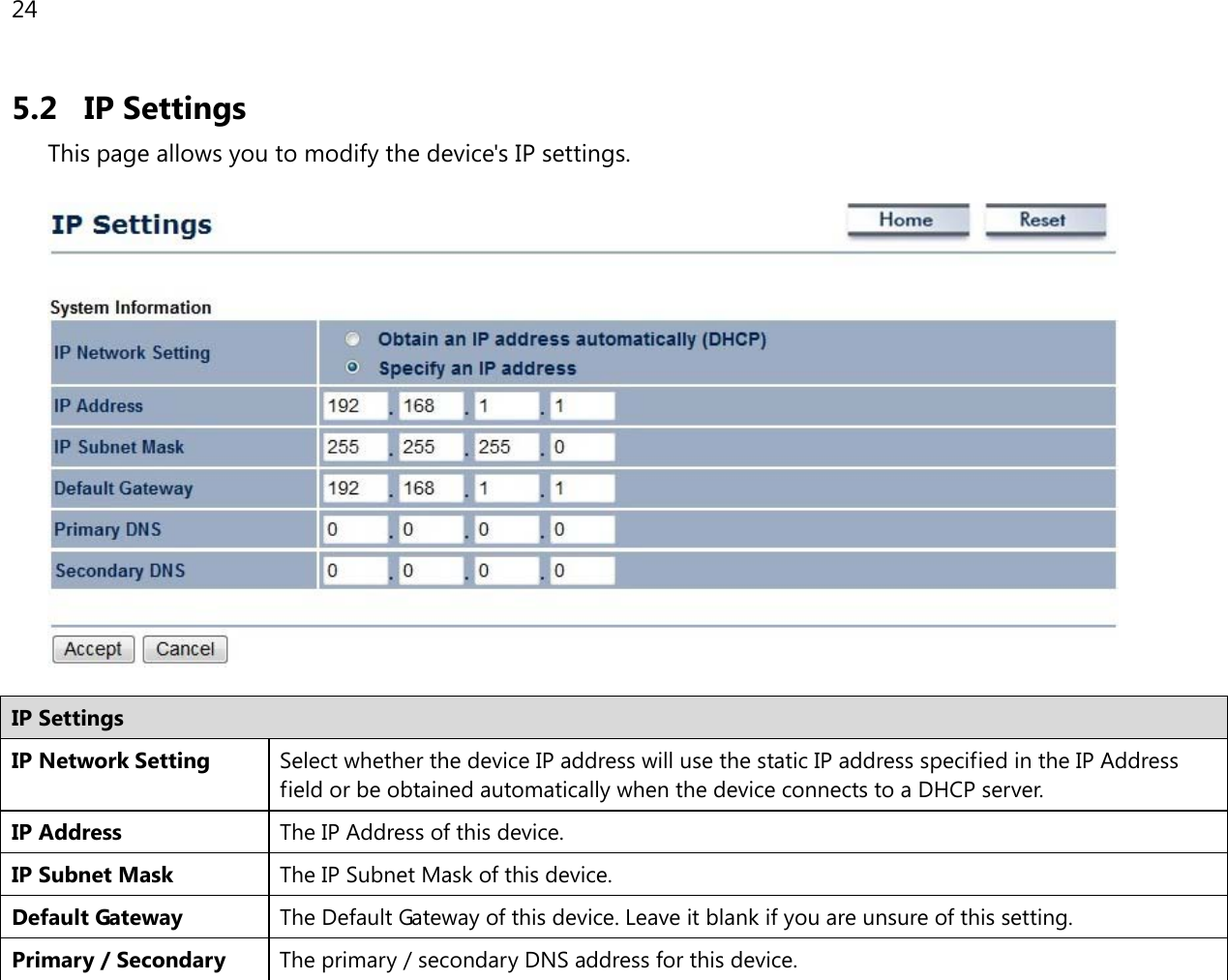 24  5.2 IP Settings This page allows you to modify the device&apos;s IP settings.    IP Settings IP Network Setting Select whether the device IP address will use the static IP address specified in the IP Address field or be obtained automatically when the device connects to a DHCP server. IP Address The IP Address of this device. IP Subnet Mask The IP Subnet Mask of this device. Default Gateway The Default Gateway of this device. Leave it blank if you are unsure of this setting. Primary / Secondary  The primary / secondary DNS address for this device. 