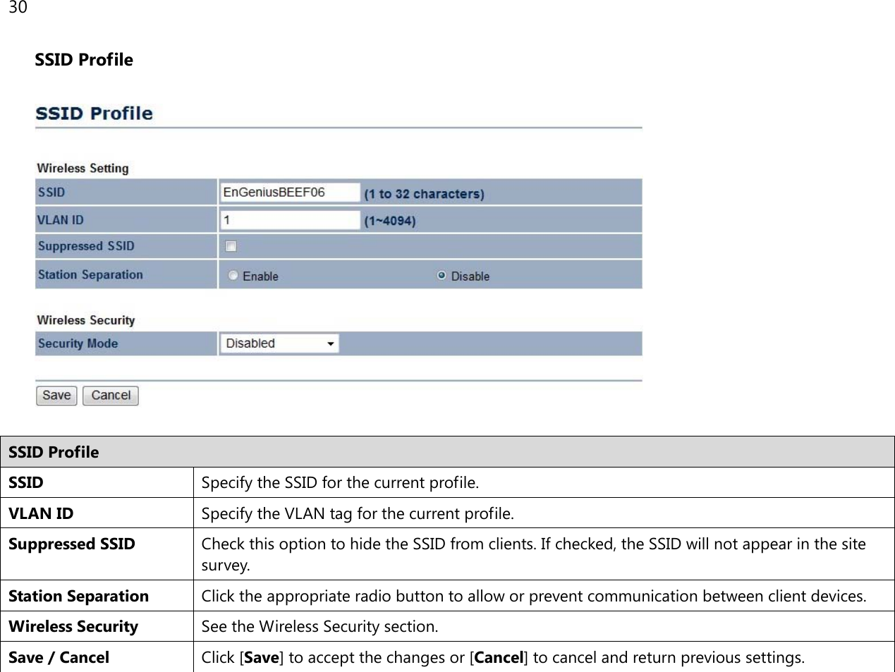 30  SSID Profile    SSID Profile SSID Specify the SSID for the current profile. VLAN ID Specify the VLAN tag for the current profile. Suppressed SSID Check this option to hide the SSID from clients. If checked, the SSID will not appear in the site survey. Station Separation Click the appropriate radio button to allow or prevent communication between client devices. Wireless Security See the Wireless Security section. Save / Cancel Click [Save] to accept the changes or [Cancel] to cancel and return previous settings.  