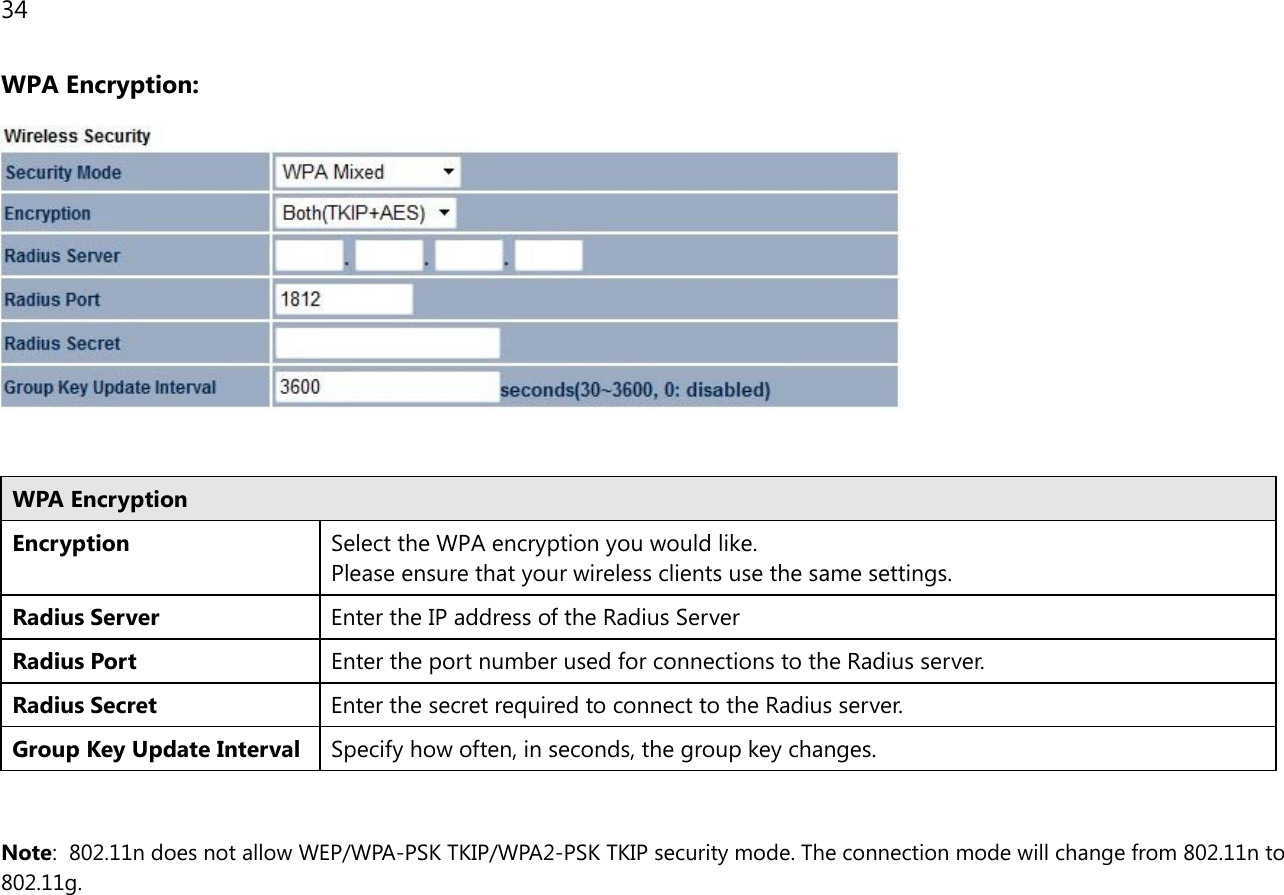 34  WPA Encryption:    WPA Encryption Encryption Select the WPA encryption you would like. Please ensure that your wireless clients use the same settings. Radius Server Enter the IP address of the Radius Server Radius Port Enter the port number used for connections to the Radius server. Radius Secret Enter the secret required to connect to the Radius server. Group Key Update Interval Specify how often, in seconds, the group key changes.   Note:  802.11n does not allow WEP/WPA-PSK TKIP/WPA2-PSK TKIP security mode. The connection mode will change from 802.11n to 802.11g.  