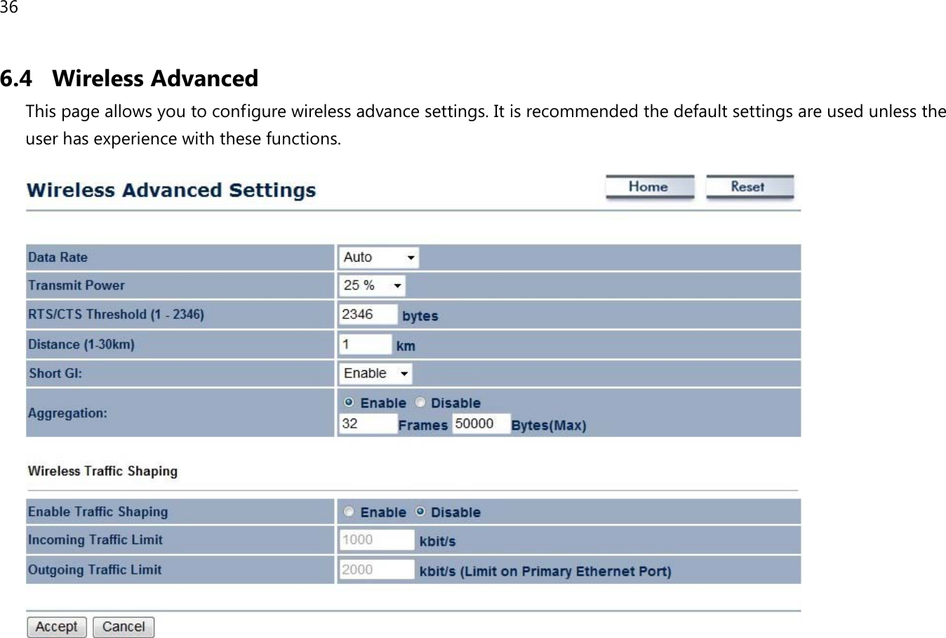 36  6.4 Wireless Advanced This page allows you to configure wireless advance settings. It is recommended the default settings are used unless the user has experience with these functions.       