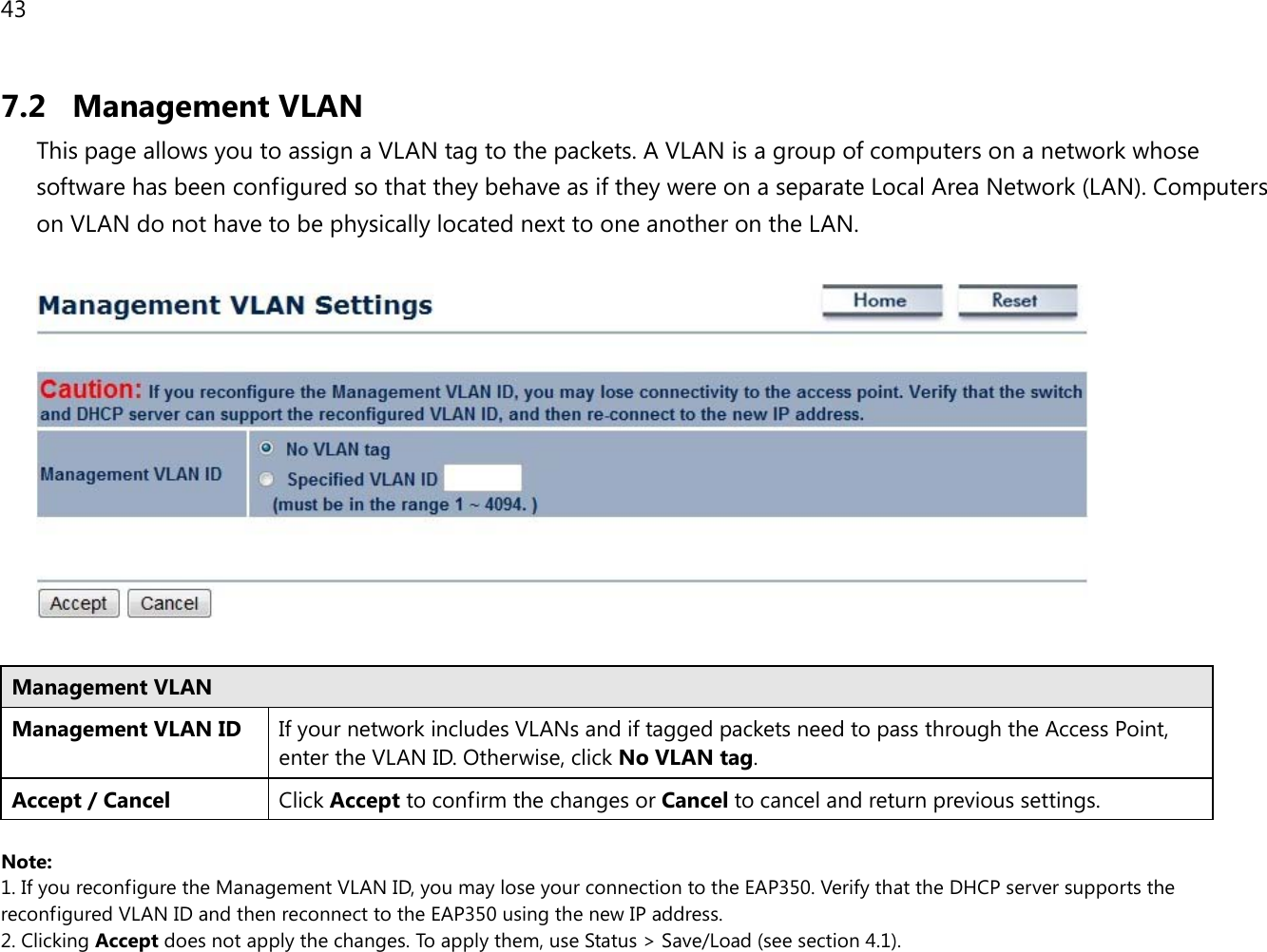 43  7.2 Management VLAN This page allows you to assign a VLAN tag to the packets. A VLAN is a group of computers on a network whose software has been configured so that they behave as if they were on a separate Local Area Network (LAN). Computers on VLAN do not have to be physically located next to one another on the LAN.    Management VLAN Management VLAN ID If your network includes VLANs and if tagged packets need to pass through the Access Point, enter the VLAN ID. Otherwise, click No VLAN tag. Accept / Cancel Click Accept to confirm the changes or Cancel to cancel and return previous settings.  Note:  1. If you reconfigure the Management VLAN ID, you may lose your connection to the EAP350. Verify that the DHCP server supports the reconfigured VLAN ID and then reconnect to the EAP350 using the new IP address.  2. Clicking Accept does not apply the changes. To apply them, use Status &gt; Save/Load (see section 4.1).  