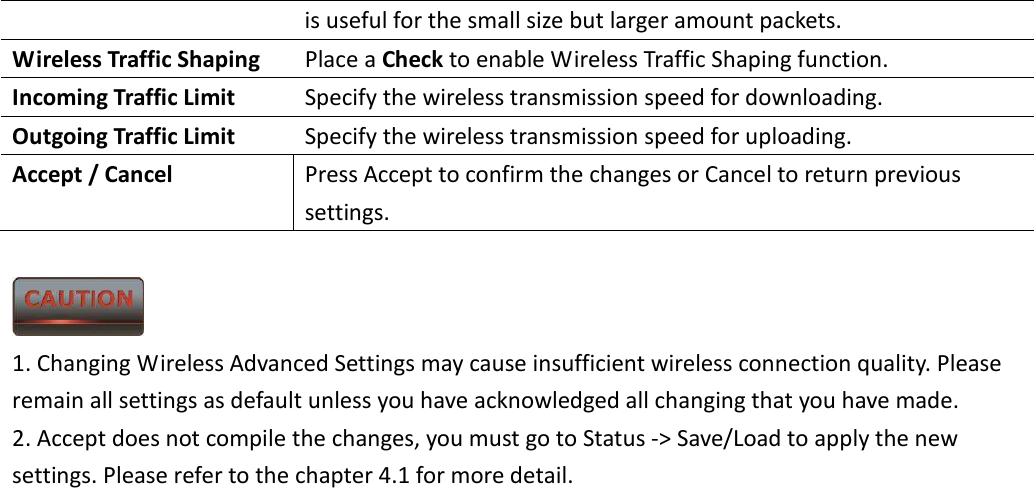 is useful for the small size but larger amount packets. Wireless Traffic Shaping  Place a Check to enable Wireless Traffic Shaping function. Incoming Traffic Limit  Specify the wireless transmission speed for downloading. Outgoing Traffic Limit  Specify the wireless transmission speed for uploading. Accept / Cancel  Press Accept to confirm the changes or Cancel to return previous settings.     1. Changing Wireless Advanced Settings may cause insufficient wireless connection quality. Please remain all settings as default unless you have acknowledged all changing that you have made. 2. Accept does not compile the changes, you must go to Status -&gt; Save/Load to apply the new settings. Please refer to the chapter 4.1 for more detail.  
