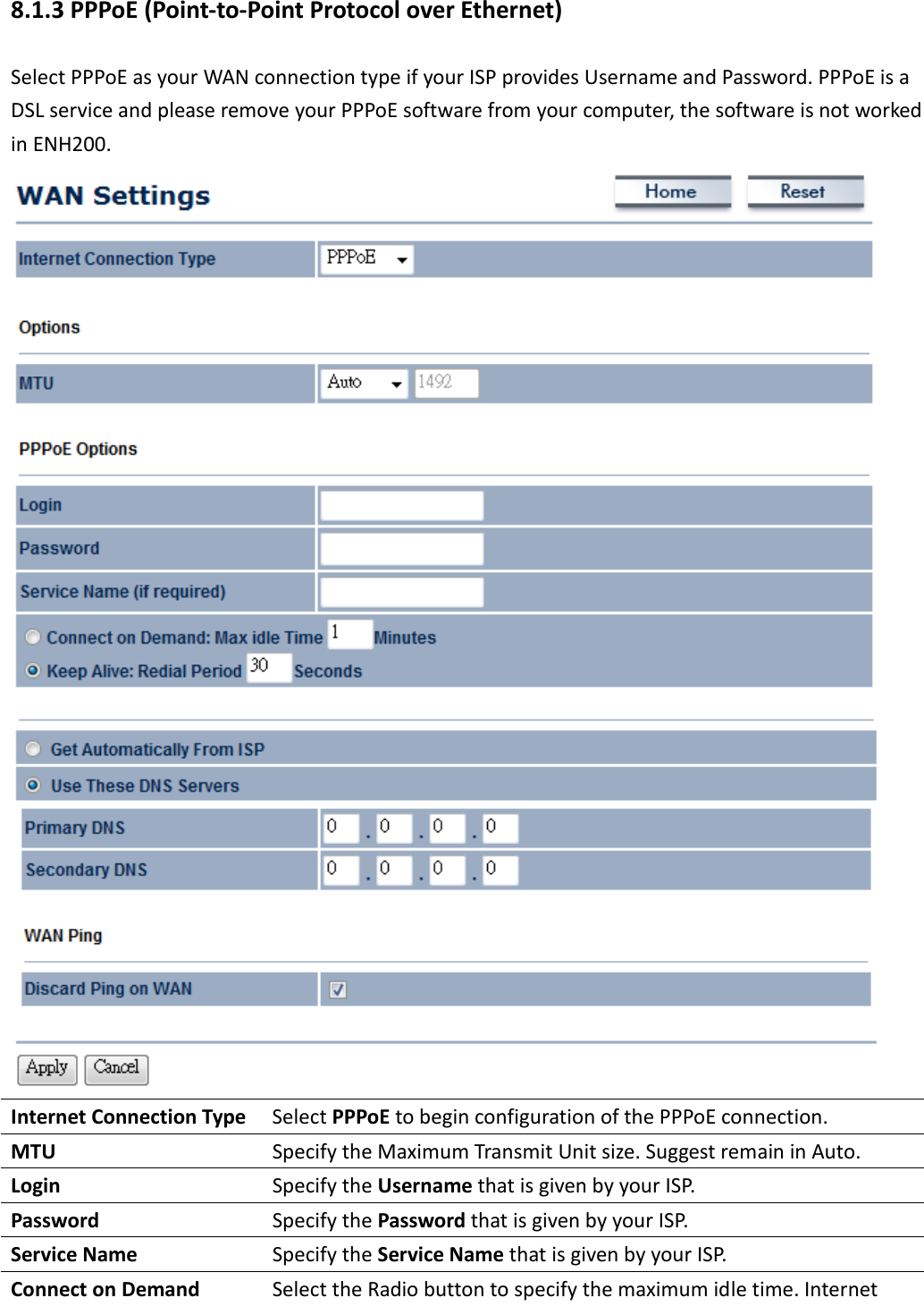 8.1.3 PPPoE (Point-to-Point Protocol over Ethernet) Select PPPoE as your WAN connection type if your ISP provides Username and Password. PPPoE is a DSL service and please remove your PPPoE software from your computer, the software is not worked in ENH200.  Internet Connection Type Select PPPoE to begin configuration of the PPPoE connection. MTU  Specify the Maximum Transmit Unit size. Suggest remain in Auto. Login  Specify the Username that is given by your ISP. Password  Specify the Password that is given by your ISP. Service Name  Specify the Service Name that is given by your ISP. Connect on Demand  Select the Radio button to specify the maximum idle time. Internet 
