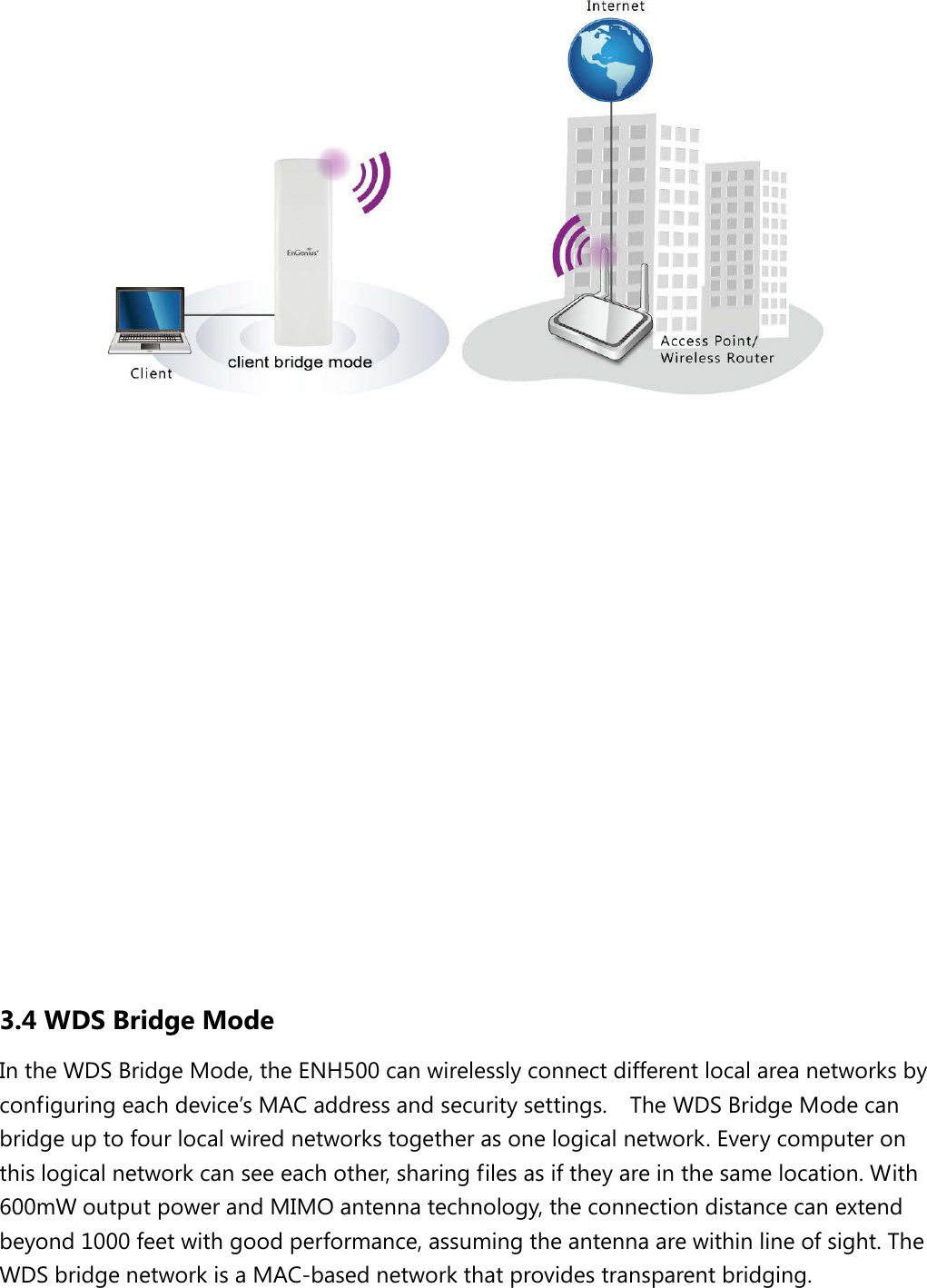                3.4 WDS Bridge Mode In the WDS Bridge Mode, the ENH500 can wirelessly connect different local area networks by configuring each device’s MAC address and security settings.    The WDS Bridge Mode can bridge up to four local wired networks together as one logical network. Every computer on this logical network can see each other, sharing files as if they are in the same location. With 600mW output power and MIMO antenna technology, the connection distance can extend beyond 1000 feet with good performance, assuming the antenna are within line of sight. The WDS bridge network is a MAC-based network that provides transparent bridging.  