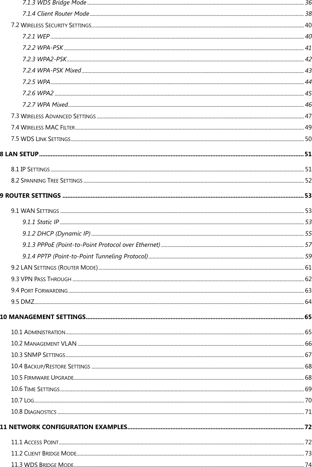 7.1.3 WDS Bridge Mode   ............................................................................................................................................................... 367.1.4 Client Router Mode   ............................................................................................................................................................. 387.2 WIRELESS SECURITY SETTINGS   ............................................................................................................................................................ 407.2.1 WEP   .......................................................................................................................................................................................... 407.2.2 WPA-PSK   ................................................................................................................................................................................ 417.2.3 WPA2-PSK   .............................................................................................................................................................................. 427.2.4 WPA-PSK Mixed   ................................................................................................................................................................... 437.2.5 WPA   .......................................................................................................................................................................................... 447.2.6 WPA2   ....................................................................................................................................................................................... 457.2.7 WPA Mixed   ............................................................................................................................................................................. 467.3 WIRELESS ADVANCED SETTINGS   ........................................................................................................................................................ 477.4 WIRELESS MAC FILTER   ........................................................................................................................................................................ 497.5 WDS LINK SETTINGS   ........................................................................................................................................................................... 508 LAN SETUP   ............................................................................................................................................................... 518.1 IP SETTINGS   .......................................................................................................................................................................................... 518.2 SPANNING TREE SETTINGS   .................................................................................................................................................................. 529 ROUTER SETTINGS   ................................................................................................................................................. 539.1 WAN SETTINGS   ................................................................................................................................................................................... 539.1.1 Static IP   ................................................................................................................................................................................... 539.1.2 DHCP (Dynamic IP)   ............................................................................................................................................................ 559.1.3 PPPoE (Point-to-Point Protocol over Ethernet)   ......................................................................................................... 579.1.4 PPTP (Point-to-Point Tunneling Protocol)   .................................................................................................................. 599.2 LAN SETTINGS (ROUTER MODE)  ....................................................................................................................................................... 619.3 VPN PASS THROUGH   .......................................................................................................................................................................... 629.4 PORT FORWARDING   ............................................................................................................................................................................. 639.5 DMZ  ...................................................................................................................................................................................................... 6410 MANAGEMENT SETTINGS   ................................................................................................................................... 6510.1 ADMINISTRATION   ............................................................................................................................................................................... 6510.2 MANAGEMENT VLAN   ...................................................................................................................................................................... 6610.3 SNMP SETTINGS   ............................................................................................................................................................................... 6710.4 BACKUP/RESTORE SETTINGS   ............................................................................................................................................................ 6810.5 FIRMWARE UPGRADE   ......................................................................................................................................................................... 6810.6 TIME SETTINGS   ................................................................................................................................................................................... 6910.7 LOG   ...................................................................................................................................................................................................... 7010.8 DIAGNOSTICS   ..................................................................................................................................................................................... 7111 NETWORK CONFIGURATION EXAMPLES   .......................................................................................................... 7211.1 ACCESS POINT   .................................................................................................................................................................................... 7211.2 CLIENT BRIDGE MODE   ....................................................................................................................................................................... 7311.3 WDS BRIDGE MODE   ......................................................................................................................................................................... 74