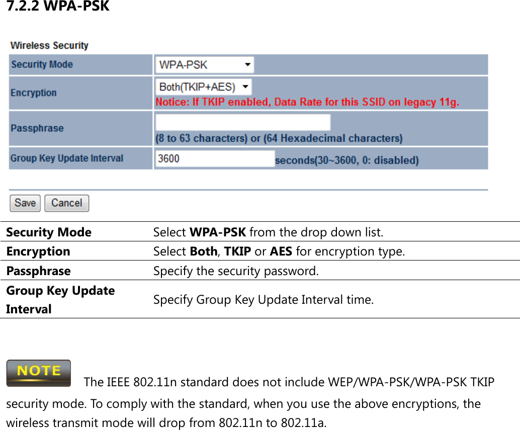 7.2.2 WPA-PSK  Security Mode Select WPA-PSK from the drop down list. Encryption Select Both, TKIP or AES for encryption type. Passphrase  Specify the security password. Group Key Update Interval Specify Group Key Update Interval time.     The IEEE 802.11n standard does not include WEP/WPA-PSK/WPA-PSK TKIP security mode. To comply with the standard, when you use the above encryptions, the wireless transmit mode will drop from 802.11n to 802.11a.  