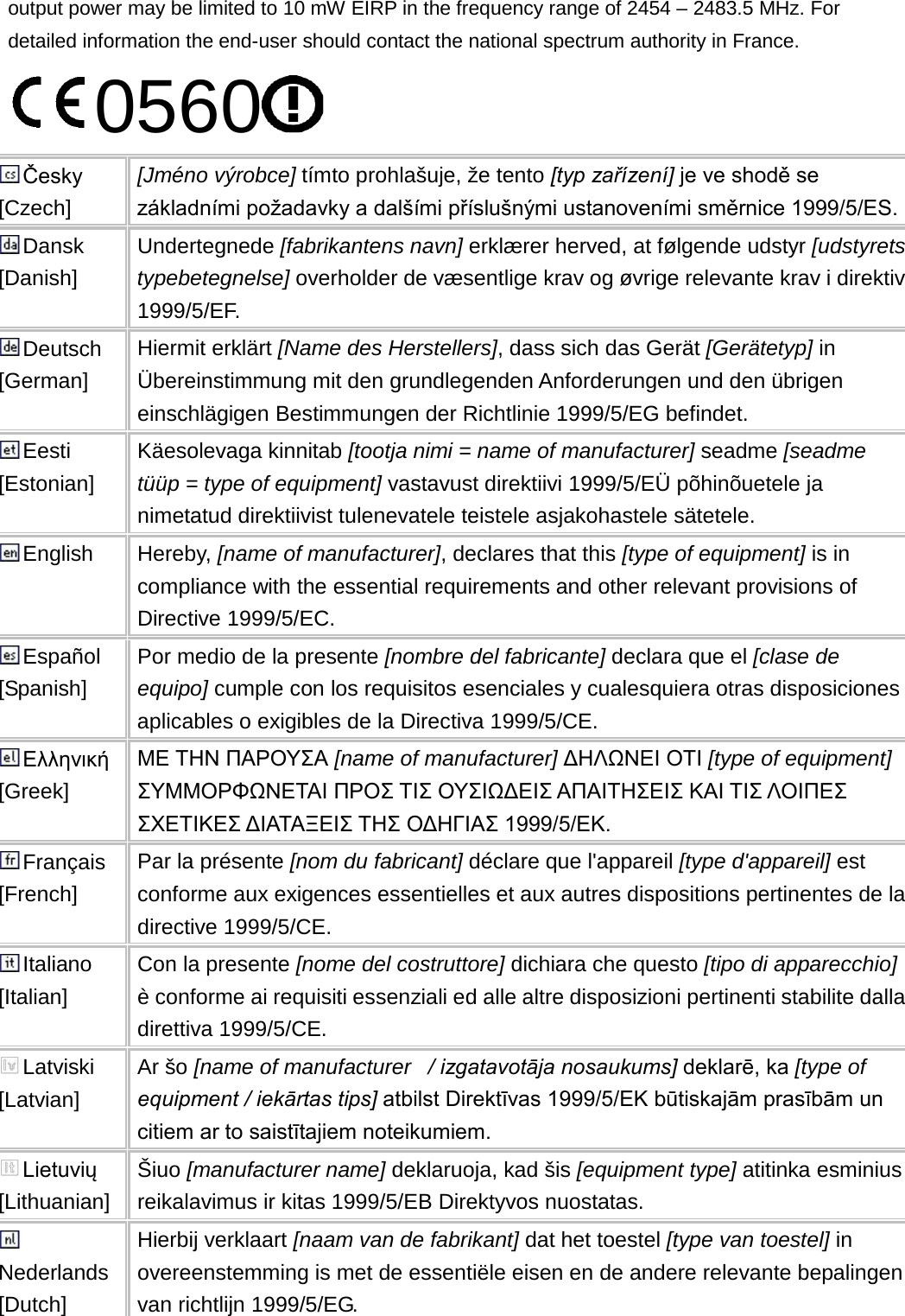 output power may be limited to 10 mW EIRP in the frequency range of 2454 – 2483.5 MHz. For detailed information the end-user should contact the national spectrum authority in France. 0560  Česky [Czech] [Jméno výrobce] tímto prohlašuje, že tento [typ zařízení] je ve shodě se základními požadavky a dalšími příslušnými ustanoveními směrnice 1999/5/ES. Dansk [Danish] Undertegnede [fabrikantens navn] erklærer herved, at følgende udstyr [udstyrets typebetegnelse] overholder de væsentlige krav og øvrige relevante krav i direktiv 1999/5/EF. Deutsch [German] Hiermit erklärt [Name des Herstellers], dass sich das Gerät [Gerätetyp] in Übereinstimmung mit den grundlegenden Anforderungen und den übrigen einschlägigen Bestimmungen der Richtlinie 1999/5/EG befindet. Eesti [Estonian] Käesolevaga kinnitab [tootja nimi = name of manufacturer] seadme [seadme tüüp = type of equipment] vastavust direktiivi 1999/5/EÜ põhinõuetele ja nimetatud direktiivist tulenevatele teistele asjakohastele sätetele. English Hereby, [name of manufacturer], declares that this [type of equipment] is in compliance with the essential requirements and other relevant provisions of Directive 1999/5/EC. Español [Spanish] Por medio de la presente [nombre del fabricante] declara que el [clase de equipo] cumple con los requisitos esenciales y cualesquiera otras disposiciones aplicables o exigibles de la Directiva 1999/5/CE. Ελληνική [Greek] ΜΕ ΤΗΝ ΠΑΡΟΥΣΑ [name of manufacturer] ΔΗΛΩΝΕΙ ΟΤΙ [type of equipment] ΣΥΜΜΟΡΦΩΝΕΤΑΙ ΠΡΟΣ ΤΙΣ ΟΥΣΙΩΔΕΙΣ ΑΠΑΙΤΗΣΕΙΣ ΚΑΙ ΤΙΣ ΛΟΙΠΕΣ ΣΧΕΤΙΚΕΣ ΔΙΑΤΑΞΕΙΣ ΤΗΣ ΟΔΗΓΙΑΣ 1999/5/ΕΚ. Français [French] Par la présente [nom du fabricant] déclare que l&apos;appareil [type d&apos;appareil] est conforme aux exigences essentielles et aux autres dispositions pertinentes de la directive 1999/5/CE. Italiano [Italian] Con la presente [nome del costruttore] dichiara che questo [tipo di apparecchio] è conforme ai requisiti essenziali ed alle altre disposizioni pertinenti stabilite dalla direttiva 1999/5/CE. Latviski [Latvian] Ar šo [name of manufacturer   / izgatavotāja nosaukums] deklarē, ka [type of equipment / iekārtas tips] atbilst Direktīvas 1999/5/EK būtiskajām prasībām un citiem ar to saistītajiem noteikumiem. Lietuvių [Lithuanian]   Šiuo [manufacturer name] deklaruoja, kad šis [equipment type] atitinka esminius reikalavimus ir kitas 1999/5/EB Direktyvos nuostatas. Nederlands [Dutch] Hierbij verklaart [naam van de fabrikant] dat het toestel [type van toestel] in overeenstemming is met de essentiële eisen en de andere relevante bepalingen van richtlijn 1999/5/EG. 