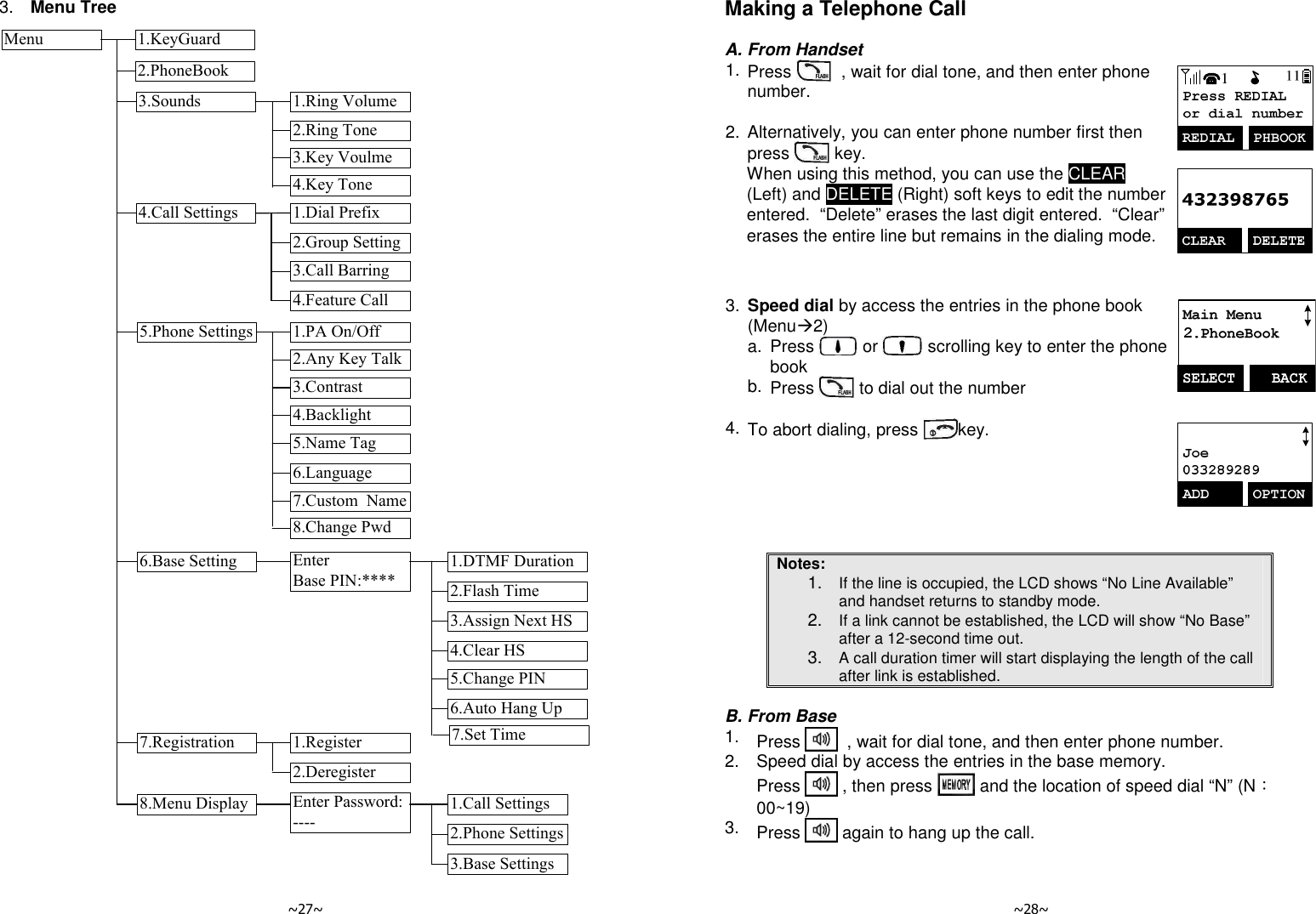   ~27~ 3.  Menu Tree Menu 1.KeyGuard2.PhoneBook3.Sounds2.Ring Tone1.Ring Volume3.Key Voulme4.Key Tone4.Call Settings 1.Dial Prefix2.Group Setting7.Custom  Name3.Contrast4.Backlight4.Feature Call 6.Language3.Call Barring5.Name Tag5.Phone Settings 1.PA On/Off2.Any Key Talk8.Change Pwd6.Base Setting2.Flash Time1.DTMF Duration3.Assign Next HS  EnterBase PIN:****5.Change PIN6.Auto Hang Up4.Clear HS  7.Registration 1.Register2.Deregister8.Menu Display 1.Call SettingsEnter Password:---- 2.Phone Settings3.Base Settings7.Set Time   ~28~ Making a Telephone Call  A. From Handset 1. Press    , wait for dial tone, and then enter phone number.    2. Alternatively, you can enter phone number first then press   key.    When using this method, you can use the CLEAR (Left) and DELETE (Right) soft keys to edit the number entered.  “Delete” erases the last digit entered.  “Clear” erases the entire line but remains in the dialing mode.   3. Speed dial by access the entries in the phone book (Menu2)    a. Press   or   scrolling key to enter the phone book   b. Press   to dial out the number      4. To abort dialing, press  key.    Notes: 1. If the line is occupied, the LCD shows “No Line Available” and handset returns to standby mode. 2. If a link cannot be established, the LCD will show “No Base” after a 12-second time out. 3. A call duration timer will start displaying the length of the call after link is established.  B. From Base 1.  Press    , wait for dial tone, and then enter phone number. 2.  Speed dial by access the entries in the base memory.  Press   , then press   and the location of speed dial “N” (N：00~19) 3.  Press   again to hang up the call.   