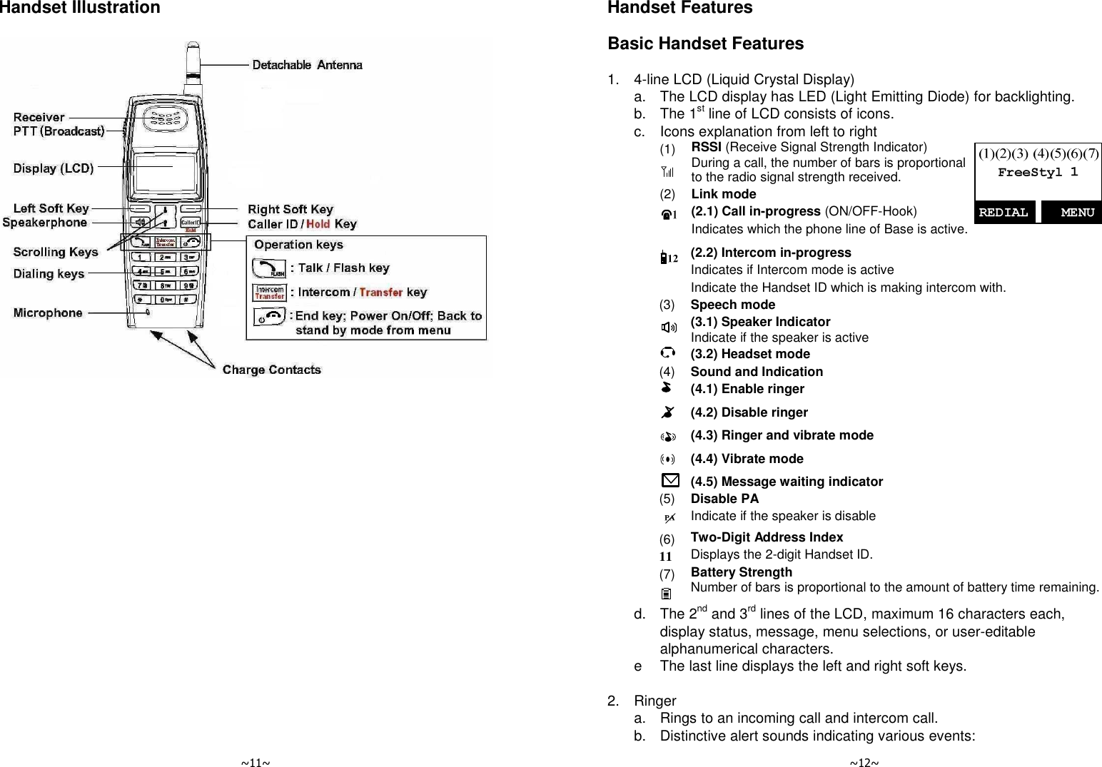   ~11~ Handset Illustration     ~12~ Handset Features  Basic Handset Features  1.  4-line LCD (Liquid Crystal Display)   a.  The LCD display has LED (Light Emitting Diode) for backlighting.   b.  The 1st line of LCD consists of icons.   c.  Icons explanation from left to right     (1)  RSSI (Receive Signal Strength Indicator) During a call, the number of bars is proportional to the radio signal strength received.     (2)   Link mode (2.1) Call in-progress (ON/OFF-Hook)  Indicates which the phone line of Base is active.        (2.2) Intercom in-progress Indicates if Intercom mode is active Indicate the Handset ID which is making intercom with.     (3)  Speech mode (3.1) Speaker Indicator Indicate if the speaker is active       (3.2) Headset mode     (4)  Sound and Indication (4.1) Enable ringer     (4.2) Disable ringer     (4.3) Ringer and vibrate mode     (4.4) Vibrate mode     (4.5) Message waiting indicator     (5)  Disable PA Indicate if the speaker is disable     (6) 11 Two-Digit Address Index Displays the 2-digit Handset ID.     (7)  Battery Strength Number of bars is proportional to the amount of battery time remaining.   d.  The 2nd and 3rd lines of the LCD, maximum 16 characters each, display status, message, menu selections, or user-editable alphanumerical characters.   e  The last line displays the left and right soft keys.      2.  Ringer   a.  Rings to an incoming call and intercom call.   b.  Distinctive alert sounds indicating various events: 