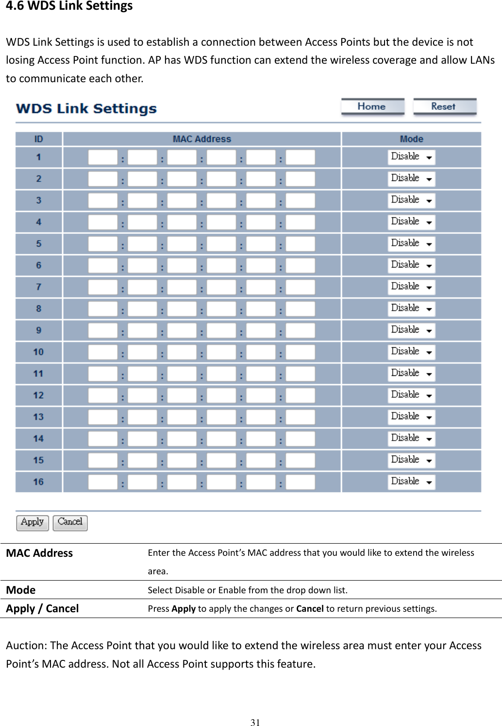   314.6 WDS Link Settings WDS Link Settings is used to establish a connection between Access Points but the device is not losing Access Point function. AP has WDS function can extend the wireless coverage and allow LANs to communicate each other.  MAC Address Enter the Access Point’s MAC address that you would like to extend the wireless area. Mode Select Disable or Enable from the drop down list. Apply / Cancel Press Apply to apply the changes or Cancel to return previous settings.  Auction: The Access Point that you would like to extend the wireless area must enter your Access Point’s MAC address. Not all Access Point supports this feature.  