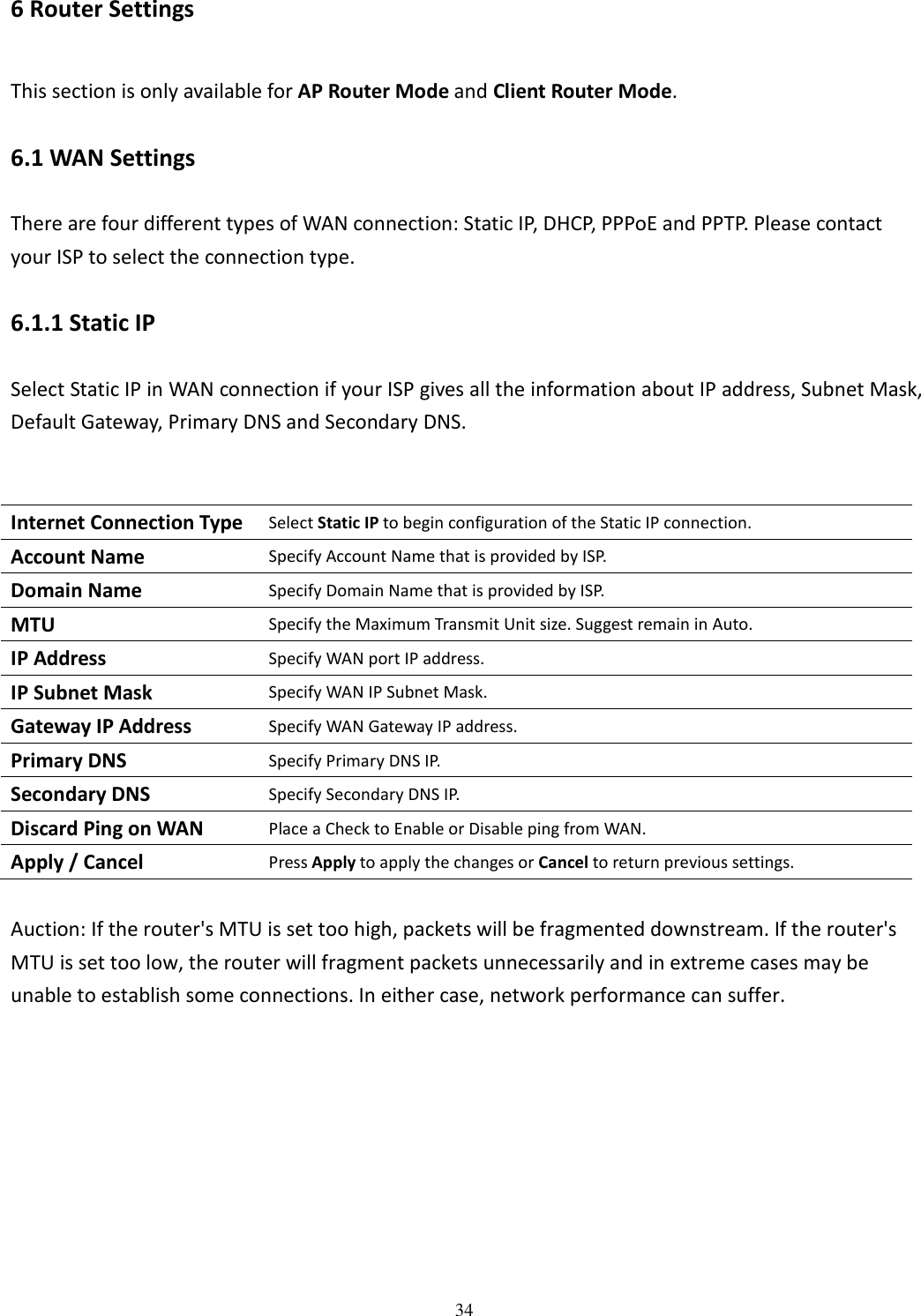  346 Router Settings This section is only available for AP Router Mode and Client Router Mode. 6.1 WAN Settings There are four different types of WAN connection: Static IP, DHCP, PPPoE and PPTP. Please contact your ISP to select the connection type. 6.1.1 Static IP Select Static IP in WAN connection if your ISP gives all the information about IP address, Subnet Mask, Default Gateway, Primary DNS and Secondary DNS.   Internet Connection Type Select Static IP to begin configuration of the Static IP connection. Account Name Specify Account Name that is provided by ISP. Domain Name Specify Domain Name that is provided by ISP. MTU Specify the Maximum Transmit Unit size. Suggest remain in Auto. IP Address Specify WAN port IP address. IP Subnet Mask Specify WAN IP Subnet Mask. Gateway IP Address Specify WAN Gateway IP address. Primary DNS Specify Primary DNS IP. Secondary DNS Specify Secondary DNS IP. Discard Ping on WAN Place a Check to Enable or Disable ping from WAN. Apply / Cancel Press Apply to apply the changes or Cancel to return previous settings.  Auction: If the router&apos;s MTU is set too high, packets will be fragmented downstream. If the router&apos;s MTU is set too low, the router will fragment packets unnecessarily and in extreme cases may be unable to establish some connections. In either case, network performance can suffer.       