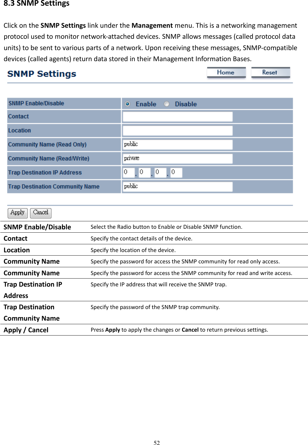   528.3 SNMP Settings Click on the SNMP Settings link under the Management menu. This is a networking management protocol used to monitor network-attached devices. SNMP allows messages (called protocol data units) to be sent to various parts of a network. Upon receiving these messages, SNMP-compatible devices (called agents) return data stored in their Management Information Bases.  SNMP Enable/Disable Select the Radio button to Enable or Disable SNMP function. Contact Specify the contact details of the device. Location Specify the location of the device. Community Name Specify the password for access the SNMP community for read only access. Community Name Specify the password for access the SNMP community for read and write access. Trap Destination IP Address Specify the IP address that will receive the SNMP trap. Trap Destination Community Name Specify the password of the SNMP trap community. Apply / Cancel Press Apply to apply the changes or Cancel to return previous settings.        