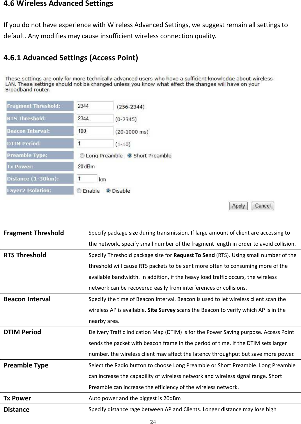 24  4.6 Wireless Advanced Settings If you do not have experience with Wireless Advanced Settings, we suggest remain all settings to default. Any modifies may cause insufficient wireless connection quality. 4.6.1 Advanced Settings (Access Point)   Fragment Threshold Specify package size during transmission. If large amount of client are accessing to the network, specify small number of the fragment length in order to avoid collision. RTS Threshold Specify Threshold package size for Request To Send (RTS). Using small number of the threshold will cause RTS packets to be sent more often to consuming more of the available bandwidth. In addition, if the heavy load traffic occurs, the wireless network can be recovered easily from interferences or collisions. Beacon Interval Specify the time of Beacon Interval. Beacon is used to let wireless client scan the wireless AP is available. Site Survey scans the Beacon to verify which AP is in the nearby area. DTIM Period Delivery Traffic Indication Map (DTIM) is for the Power Saving purpose. Access Point sends the packet with beacon frame in the period of time. If the DTIM sets larger number, the wireless client may affect the latency throughput but save more power. Preamble Type Select the Radio button to choose Long Preamble or Short Preamble. Long Preamble can increase the capability of wireless network and wireless signal range. Short Preamble can increase the efficiency of the wireless network. Tx Power Auto power and the biggest is 20dBm Distance Specify distance rage between AP and Clients. Longer distance may lose high 