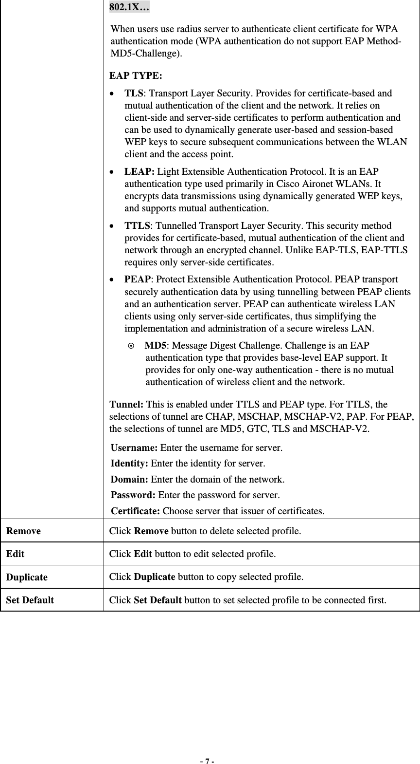  - 7 - 802.1X… When users use radius server to authenticate client certificate for WPA authentication mode (WPA authentication do not support EAP Method- MD5-Challenge). EAP TYPE:  TLS: Transport Layer Security. Provides for certificate-based and mutual authentication of the client and the network. It relies on client-side and server-side certificates to perform authentication and can be used to dynamically generate user-based and session-based WEP keys to secure subsequent communications between the WLAN client and the access point.  LEAP: Light Extensible Authentication Protocol. It is an EAP authentication type used primarily in Cisco Aironet WLANs. It encrypts data transmissions using dynamically generated WEP keys, and supports mutual authentication.  TTLS: Tunnelled Transport Layer Security. This security method provides for certificate-based, mutual authentication of the client and network through an encrypted channel. Unlike EAP-TLS, EAP-TTLS requires only server-side certificates.  PEAP: Protect Extensible Authentication Protocol. PEAP transport securely authentication data by using tunnelling between PEAP clients and an authentication server. PEAP can authenticate wireless LAN clients using only server-side certificates, thus simplifying the implementation and administration of a secure wireless LAN.  MD5: Message Digest Challenge. Challenge is an EAP authentication type that provides base-level EAP support. It provides for only one-way authentication - there is no mutual authentication of wireless client and the network. Tunnel: This is enabled under TTLS and PEAP type. For TTLS, the selections of tunnel are CHAP, MSCHAP, MSCHAP-V2, PAP. For PEAP, the selections of tunnel are MD5, GTC, TLS and MSCHAP-V2. Username: Enter the username for server. Identity: Enter the identity for server. Domain: Enter the domain of the network. Password: Enter the password for server. Certificate: Choose server that issuer of certificates. Remove  Click Remove button to delete selected profile. Edit  Click Edit button to edit selected profile. Duplicate  Click Duplicate button to copy selected profile. Set Default  Click Set Default button to set selected profile to be connected first.  