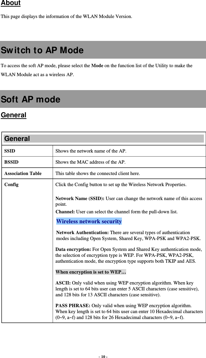  - 10 -  About This page displays the information of the WLAN Module Version.   Switch to AP Mode To access the soft AP mode, please select the Mode on the function list of the Utility to make the WLAN Module act as a wireless AP.  Soft AP mode General  General SSID   Shows the network name of the AP. BSSID  Shows the MAC address of the AP. Association Table  This table shows the connected client here. Config  Click the Config button to set up the Wireless Network Properties.  Network Name (SSID): User can change the network name of this access point. Channel: User can select the channel form the pull-down list. Wireless network security Network Authentication: There are several types of authentication modes including Open System, Shared Key, WPA-PSK and WPA2-PSK. Data encryption: For Open System and Shared Key authentication mode, the selection of encryption type is WEP. For WPA-PSK, WPA2-PSK, authentication mode, the encryption type supports both TKIP and AES. When encryption is set to WEP… ASCII: Only valid when using WEP encryption algorithm. When key length is set to 64 bits user can enter 5 ASCII characters (case sensitive), and 128 bits for 13 ASCII characters (case sensitive). PASS PHRASE: Only valid when using WEP encryption algorithm. When key length is set to 64 bits user can enter 10 Hexadecimal characters (0~9, a~f) and 128 bits for 26 Hexadecimal characters (0~9, a~f). 