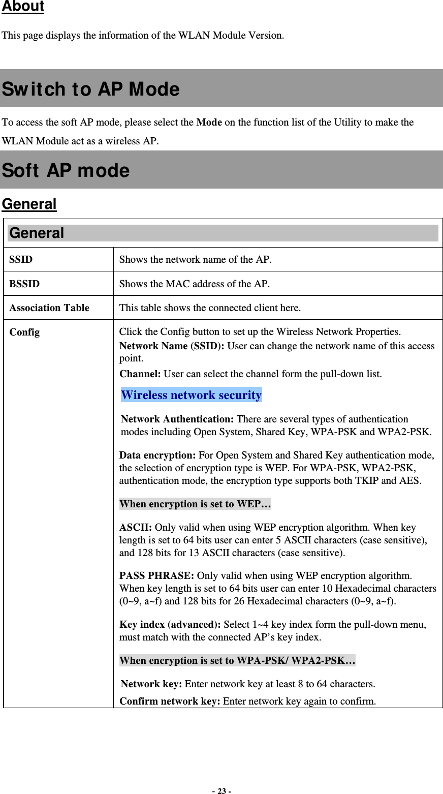  - 23 - About This page displays the information of the WLAN Module Version.  Switch to AP Mode To access the soft AP mode, please select the Mode on the function list of the Utility to make the WLAN Module act as a wireless AP. Soft AP mode General General SSID   Shows the network name of the AP. BSSID  Shows the MAC address of the AP. Association Table  This table shows the connected client here. Config  Click the Config button to set up the Wireless Network Properties. Network Name (SSID): User can change the network name of this access point. Channel: User can select the channel form the pull-down list. Wireless network security Network Authentication: There are several types of authentication modes including Open System, Shared Key, WPA-PSK and WPA2-PSK. Data encryption: For Open System and Shared Key authentication mode, the selection of encryption type is WEP. For WPA-PSK, WPA2-PSK, authentication mode, the encryption type supports both TKIP and AES. When encryption is set to WEP… ASCII: Only valid when using WEP encryption algorithm. When key length is set to 64 bits user can enter 5 ASCII characters (case sensitive), and 128 bits for 13 ASCII characters (case sensitive). PASS PHRASE: Only valid when using WEP encryption algorithm. When key length is set to 64 bits user can enter 10 Hexadecimal characters (0~9, a~f) and 128 bits for 26 Hexadecimal characters (0~9, a~f). Key index (advanced): Select 1~4 key index form the pull-down menu, must match with the connected AP’s key index. When encryption is set to WPA-PSK/ WPA2-PSK… Network key: Enter network key at least 8 to 64 characters. Confirm network key: Enter network key again to confirm.  