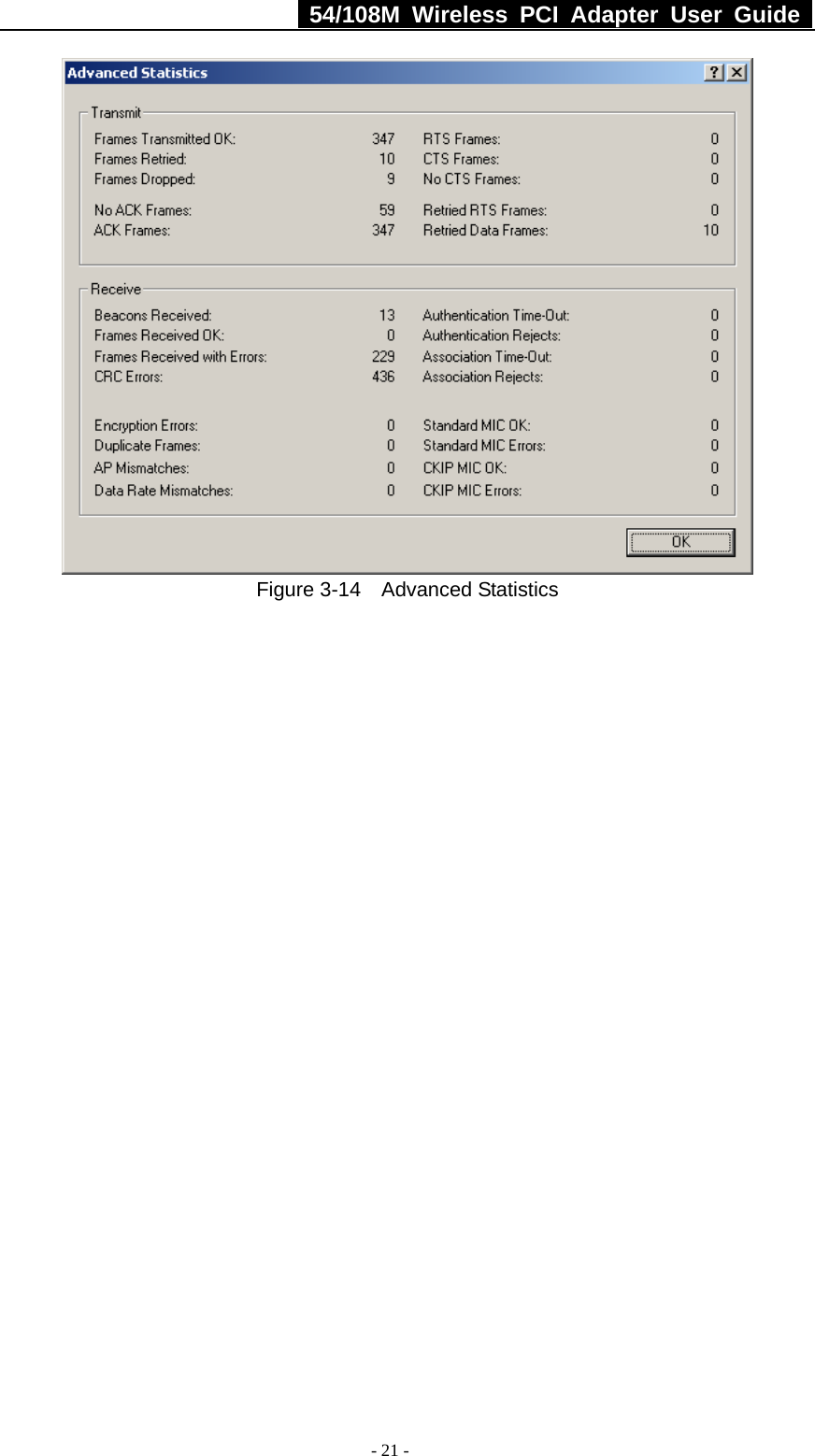   54/108M Wireless PCI Adapter User Guide  - 21 -  Figure 3-14  Advanced Statistics 