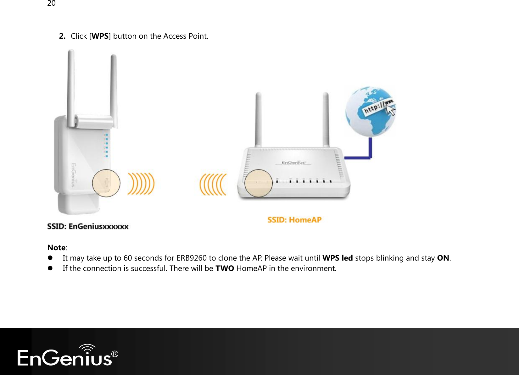 20   2. Click [WPS] button on the Access Point.   Note:  It may take up to 60 seconds for ERB9260 to clone the AP. Please wait until WPS led stops blinking and stay ON.  If the connection is successful. There will be TWO HomeAP in the environment.      