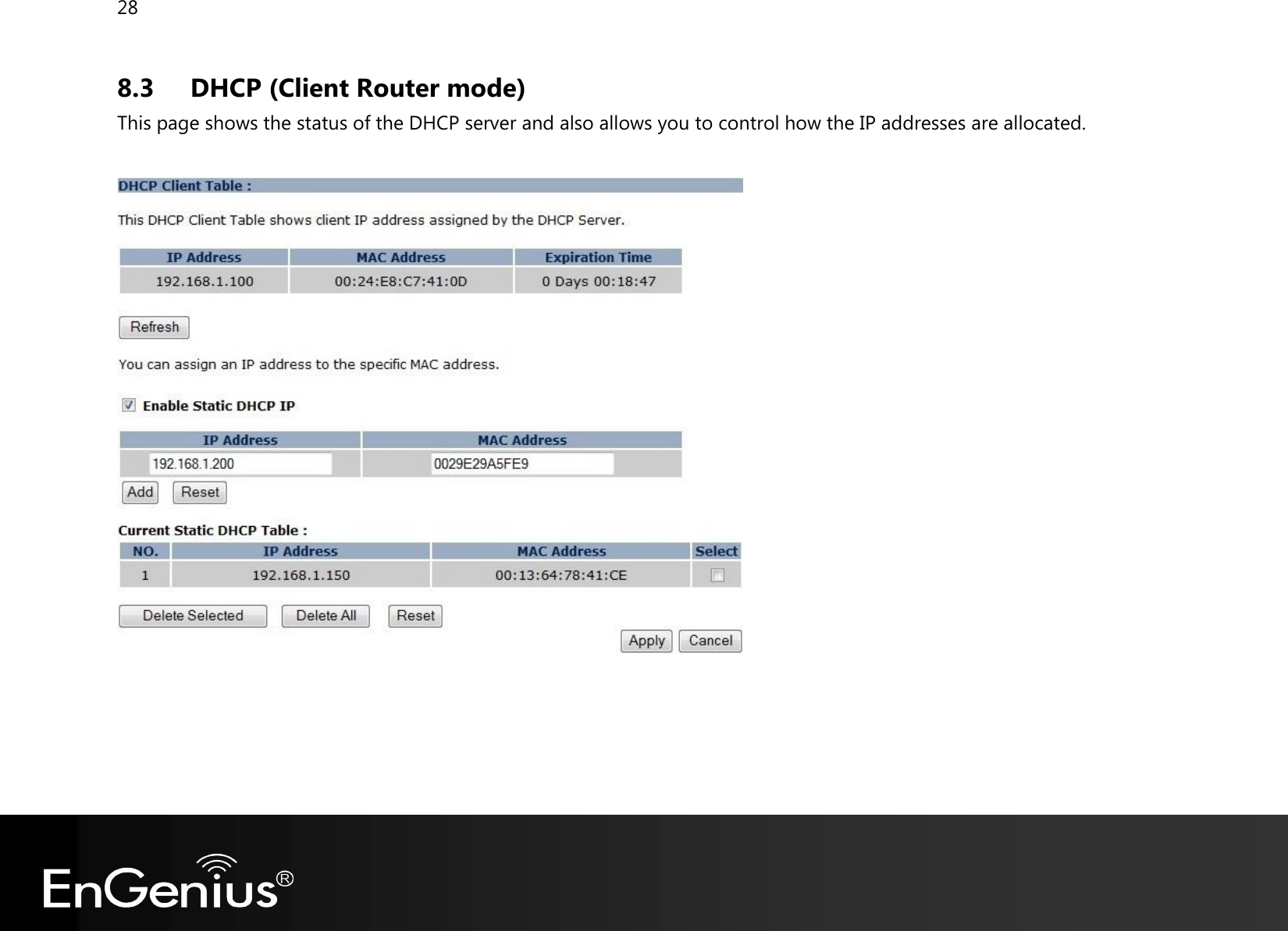 28  8.3 DHCP (Client Router mode) This page shows the status of the DHCP server and also allows you to control how the IP addresses are allocated.       