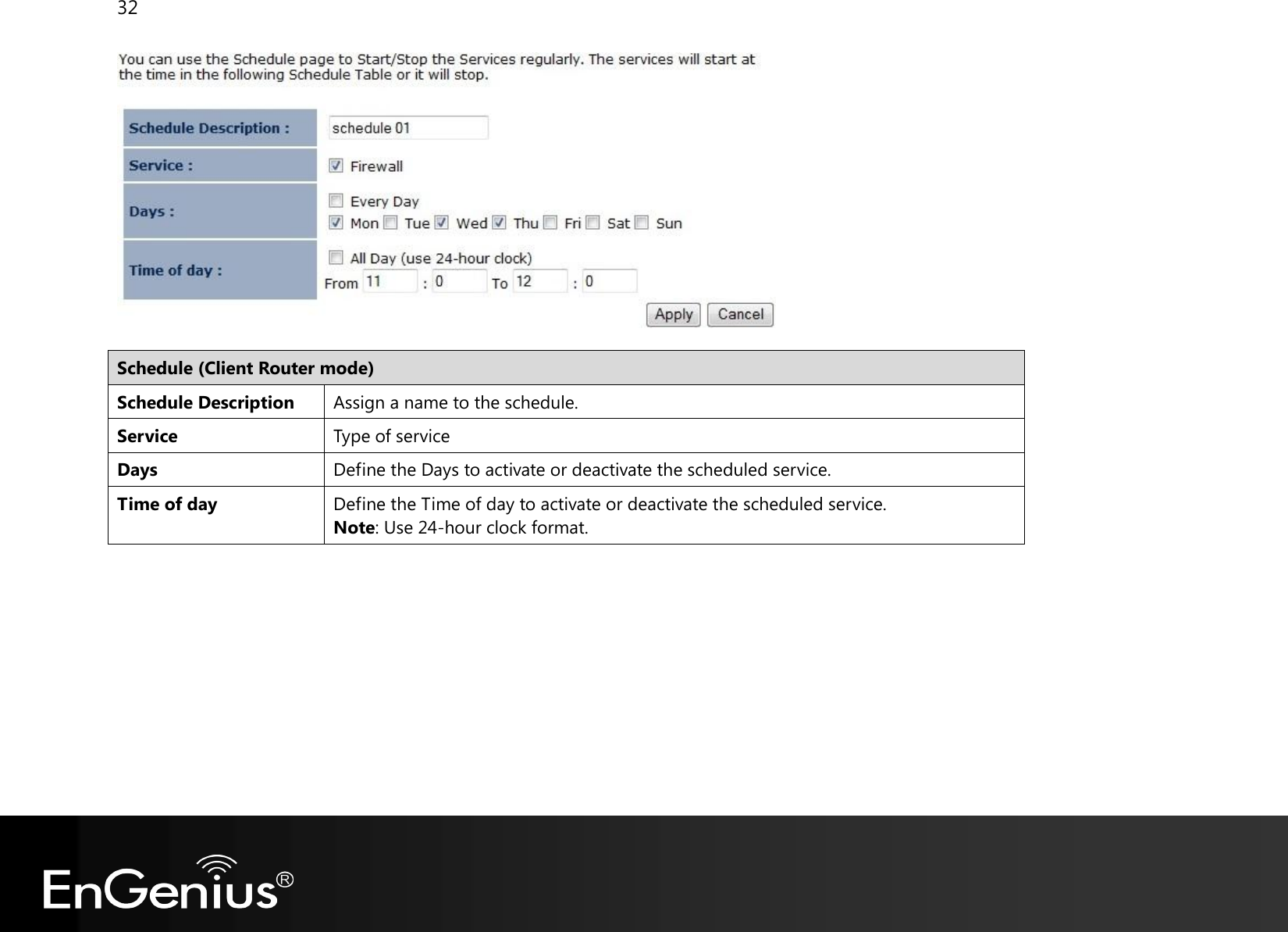 32    Schedule (Client Router mode) Schedule Description Assign a name to the schedule. Service Type of service Days Define the Days to activate or deactivate the scheduled service. Time of day Define the Time of day to activate or deactivate the scheduled service. Note: Use 24-hour clock format.   