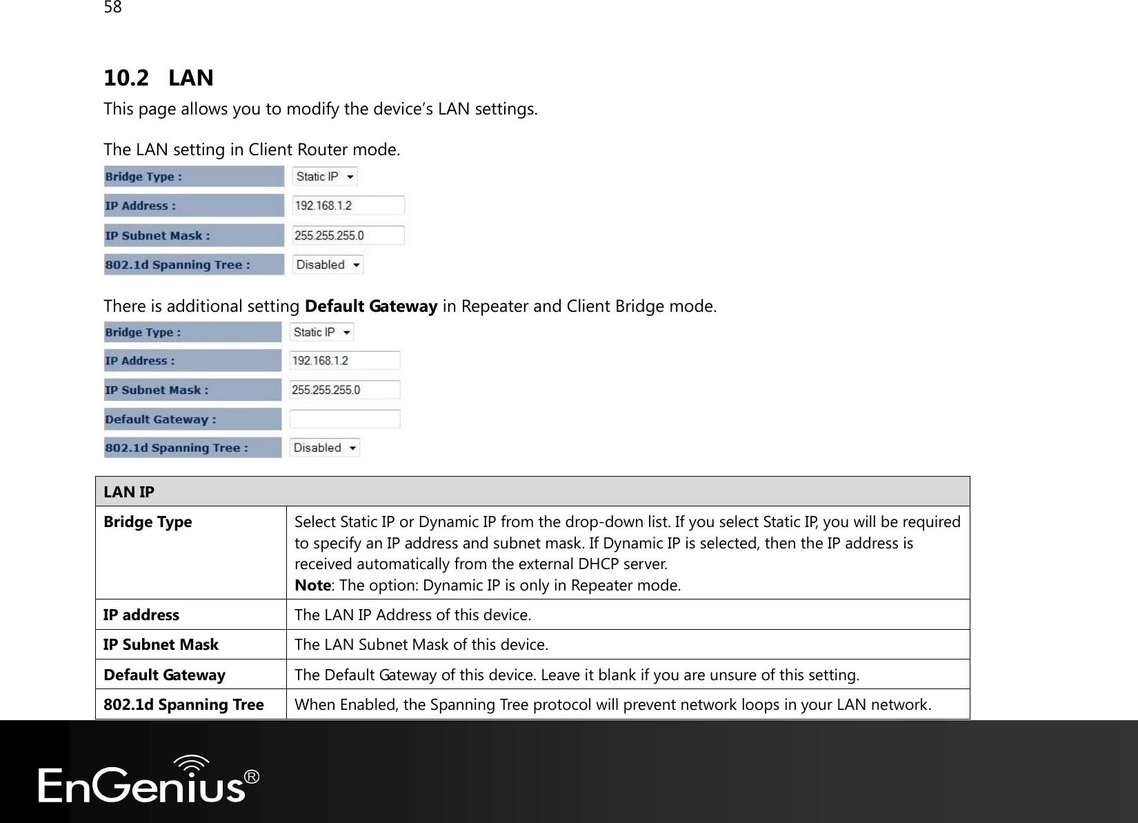 58  10.2 LAN This page allows you to modify the device’s LAN settings. The LAN setting in Client Router mode.  There is additional setting Default Gateway in Repeater and Client Bridge mode.  LAN IP Bridge Type Select Static IP or Dynamic IP from the drop-down list. If you select Static IP, you will be required to specify an IP address and subnet mask. If Dynamic IP is selected, then the IP address is received automatically from the external DHCP server. Note: The option: Dynamic IP is only in Repeater mode. IP address The LAN IP Address of this device. IP Subnet Mask The LAN Subnet Mask of this device. Default Gateway The Default Gateway of this device. Leave it blank if you are unsure of this setting. 802.1d Spanning Tree When Enabled, the Spanning Tree protocol will prevent network loops in your LAN network. 