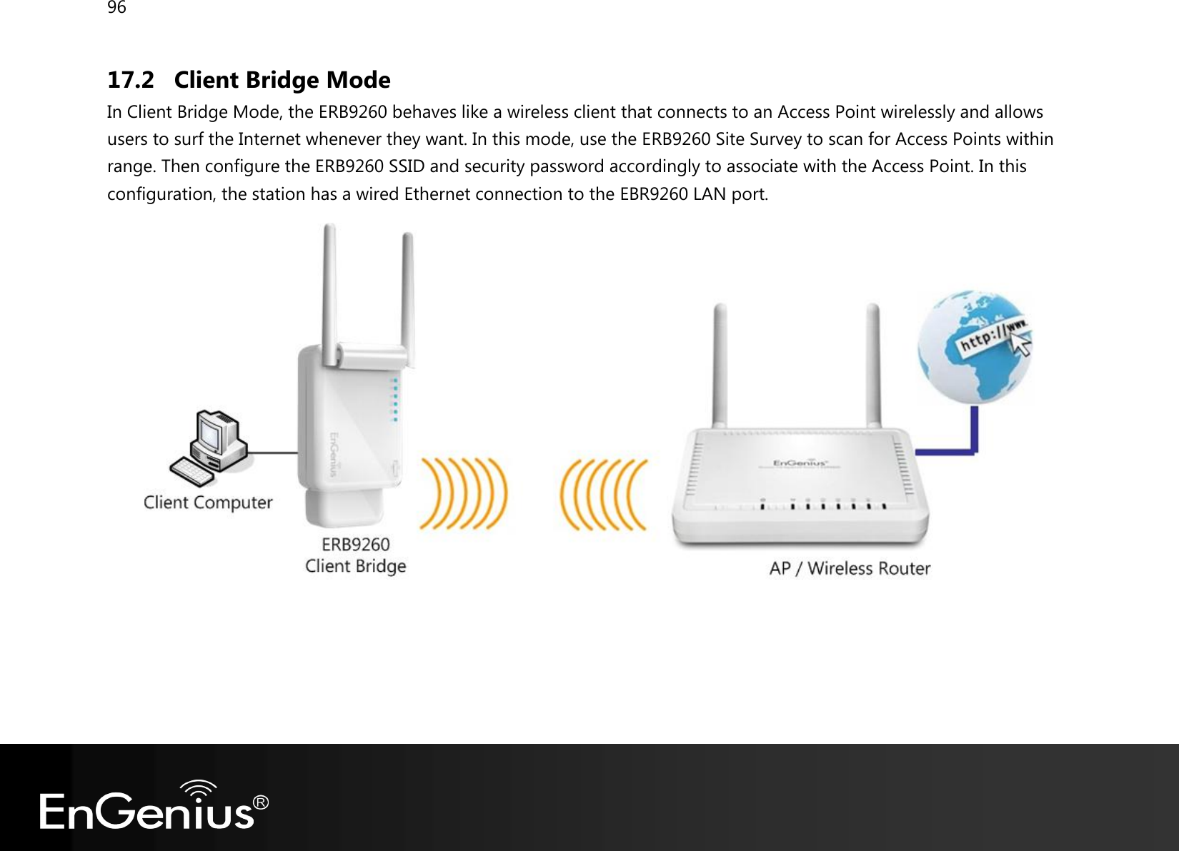 96  17.2 Client Bridge Mode In Client Bridge Mode, the ERB9260 behaves like a wireless client that connects to an Access Point wirelessly and allows users to surf the Internet whenever they want. In this mode, use the ERB9260 Site Survey to scan for Access Points within range. Then configure the ERB9260 SSID and security password accordingly to associate with the Access Point. In this configuration, the station has a wired Ethernet connection to the EBR9260 LAN port.   