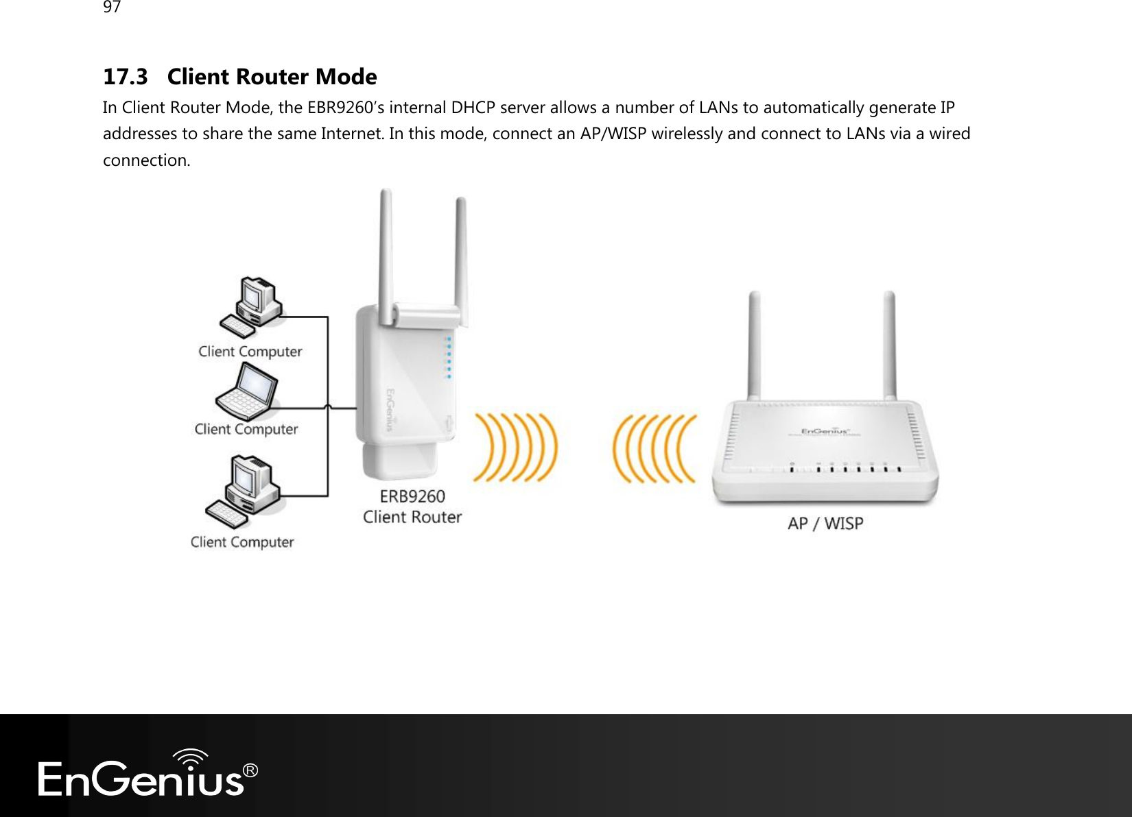 97  17.3 Client Router Mode In Client Router Mode, the EBR9260’s internal DHCP server allows a number of LANs to automatically generate IP addresses to share the same Internet. In this mode, connect an AP/WISP wirelessly and connect to LANs via a wired connection.    