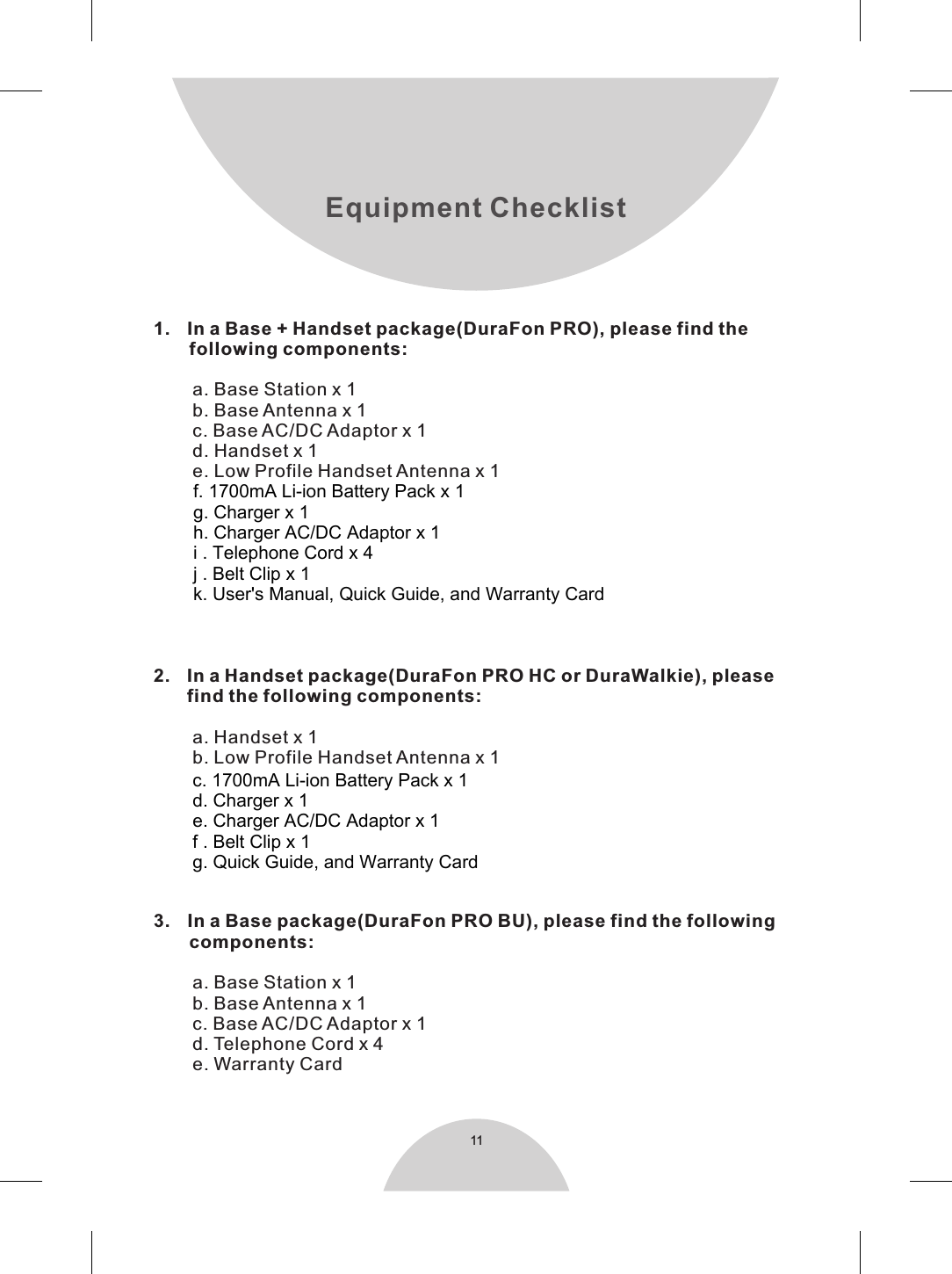 111.   In a Base + Handset package(DuraFon PRO), please find the       following components:     a. Base Station x 1     b. Base Antenna x 1     c. Base AC/DC Adaptor x 1     d. Handset x 1     e. Low Profile Handset Antenna x 1      f . Optimal Performance Handset Antenna x 1     g. 1700mA Li-ion Battery Pack x 1     h. Charger x 1     i . Charger AC/DC Adaptor x 1     j . Telephone Cord x 4     k. Audio-in Cable x 1     l . Belt Clip x 1     m. User&apos;s Manual, Quick Guide, and Warranty Card2. In a Handset package(DuraFon PRO HC or DuraWalkie), please   find the following components:a. Handset x 1     b. Low Profile Handset Antenna x 1c. Optimal Performance Handset Antenna x 1d. 1700mA Li-ion Battery Pack x 1e. Charger x 1f . Charger AC/DC Adaptor x 1g. Belt Clip x 1h. Quick Guide, and Warranty Card3. In a Base package(DuraFon PRO BU), please find the following       components:     a. Base Station x 1     b. Base Antenna x 1     c. Base AC/DC Adaptor x 1     d. Telephone Cord x 4     e. Warranty Card     f . Audio-in Cable x 1Equipment Checklistf. 1700mA Li-ion Battery Pack x 1 g. Charger x 1h. Charger AC/DC Adaptor x 1i . Telephone Cord x 4 j . Belt Clip x 1k. User&apos;s Manual, Quick Guide, and Warranty Cardc. 1700mA Li-ion Battery Pack x 1 d. Charger x 1e. Charger AC/DC Adaptor x 1f . Belt Clip x 1g. Quick Guide, and Warranty Card