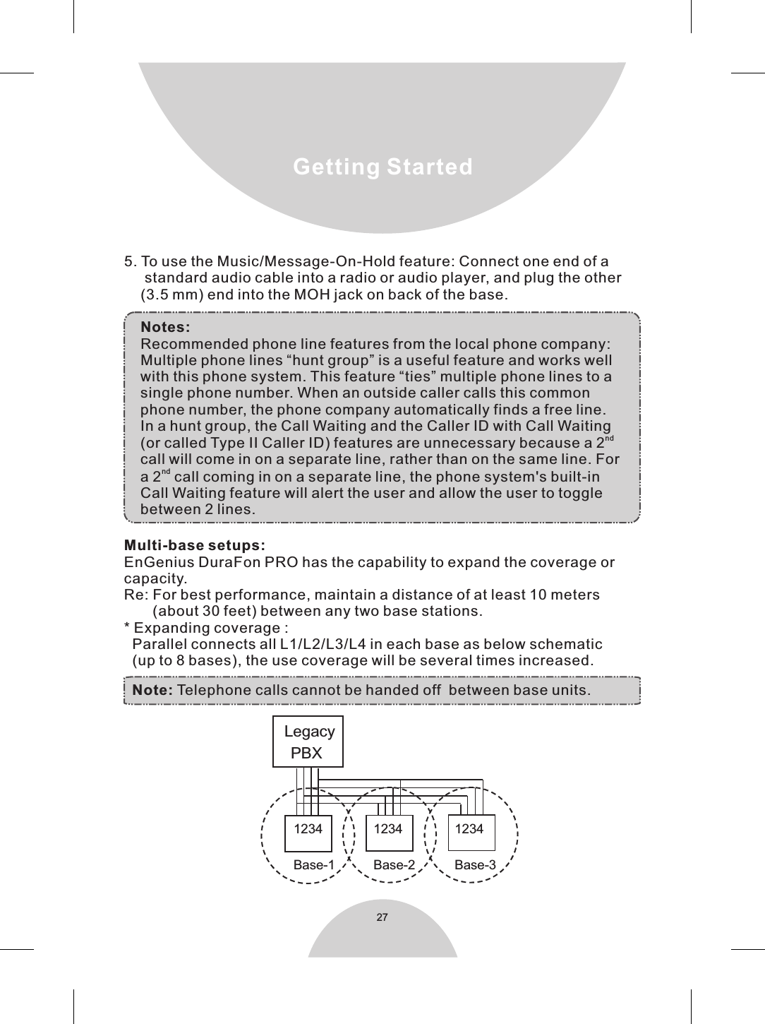 27  5. To use the Music/Message-On-Hold feature: Connect one end of a     standard audio cable into a radio or audio player, and plug the other    (3.5 mm) end into the MOH jack on back of the base.    Notes:     Recommended phone line features from the local phone company:    Multiple phone lines  hunt group” is a useful feature and works well    with this phone system. This feature “ties” multiple phone lines to a    single phone number. When an outside caller calls this common    phone number, the phone company automatically finds a free line.    In a hunt group, the Call Waiting and the Caller ID with Call Waitingnd    (or called Type II Caller ID) features are unnecessary because a 2        call will come in on a separate line, rather than on the same line. For nd      a 2 call coming in on a separate line, the phone system&apos;s built-in    Call Waiting feature will alert the user and allow the user to toggle    between 2 lines.Multi-base setups:EnGenius DuraFon PRO has the capability to expand the coverage orcapacity.Re: For best performance, maintain a distance of at least 10 meters       (about 30 feet) between any two base stations. * Expanding coverage :  Parallel connects all L1/L2/L3/L4 in each base as below schematic  (up to 8 bases), the use coverage will be several times increased.  Note: Telephone calls cannot be handed off  between base units.“ Legacy PBX 1234 1234 1234 Base-1 Base-2 Base-3                Getting Started