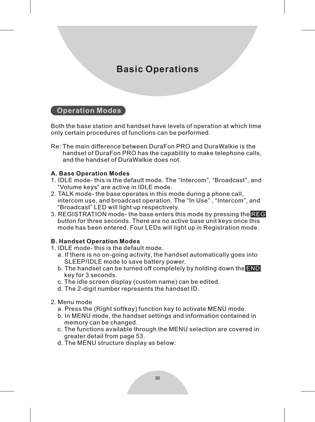 30Basic Operations   Operation ModesBoth the base station and handset have levels of operation at which timeonly certain procedures of functions can be performed. Re: The main difference between DuraFon PRO and DuraWalkie is the       handset of DuraFon PRO has the capability to make telephone calls,       and the handset of DuraWalkie does not.  A. Base Operation Modes1. IDLE mode- this is the default mode. The “Intercom”, “Broadcast”, and    “Volume keys” are active in IDLE mode. 2. TALK mode- the base operates in this mode during a phone call,     intercom use, and broadcast operation. The “In Use” , “Intercom”, and    “Broadcast” LED will light up respectively. 3. REGISTRATION mode- the base enters this mode by pressing the     button for three seconds. There are no active base unit keys once this    mode has been entered. Four LEDs will light up in Registration mode. B. Handset Operation Modes1. IDLE mode- this is the default mode.      a. If there is no on-going activity, the handset automatically goes into        SLEEP/IDLE mode to save battery power.    b. The handset can be turned off completely by holding down the         key for 3 seconds.     c. The idle screen display (custom name) can be edited.     d. The 2-digit number represents the handset ID.2. Menu mode    REGENDa. Press the (Right softkey) function key to activate MENU mode.    b. In MENU mode, the handset settings and information contained in        memory can be changed.     c. The functions available through the MENU selection are covered in        greater detail from page 53.    d. The MENU structure display as below: