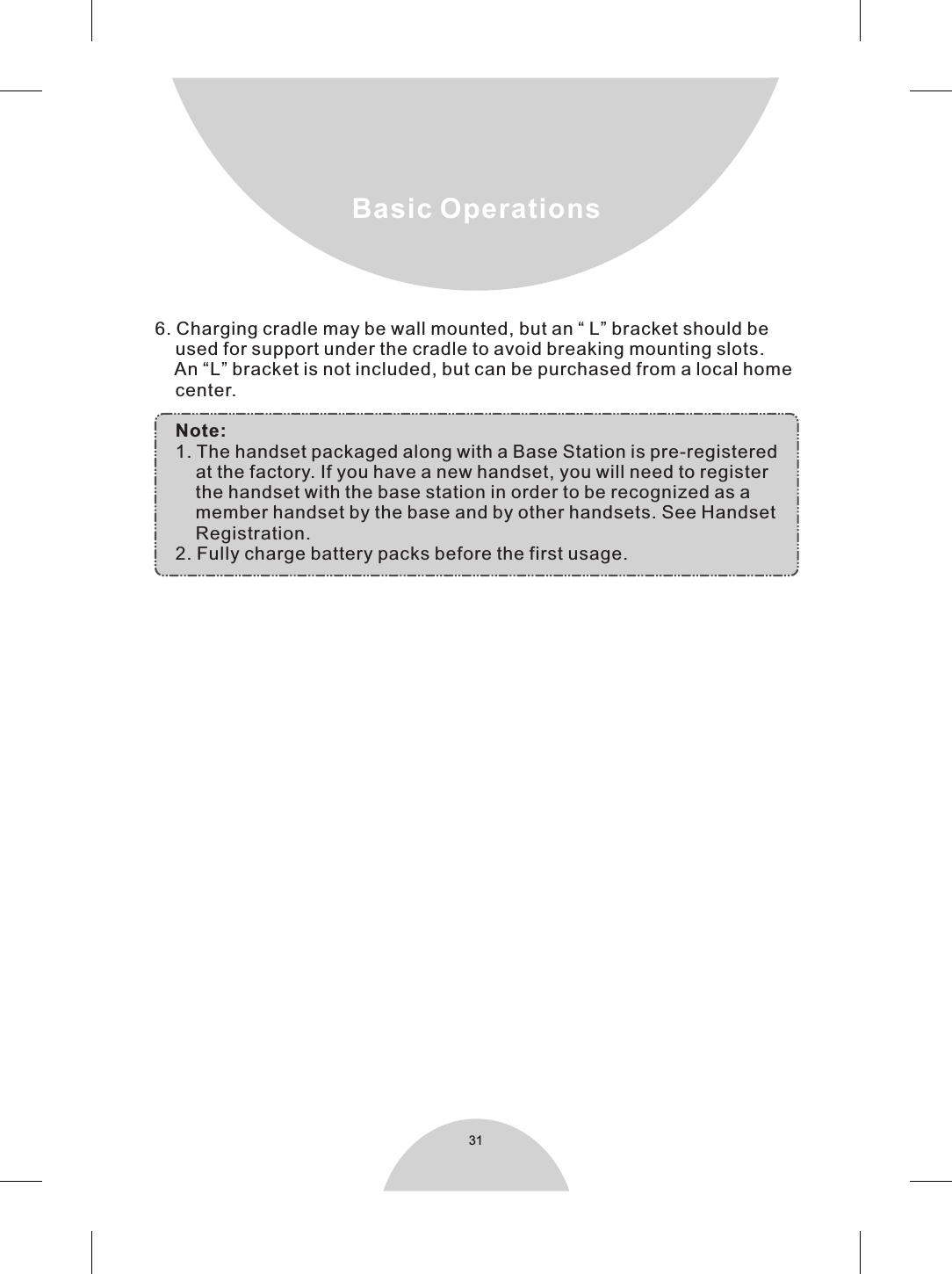 “ ”     used for support under the cradle to avoid breaking mounting slots.     An “L” bracket is not included, but can be purchased from a local home    center.    Note:     1. The handset packaged along with a Base Station is pre-registered        at the factory. If you have a new handset, you will need to register        the handset with the base station in order to be recognized as a        member handset by the base and by other handsets. See Handset        Registration.    2. Fully charge battery packs before the first usage.6. Charging cradle may be wall mounted, but an   L bracket should be31Basic Operations