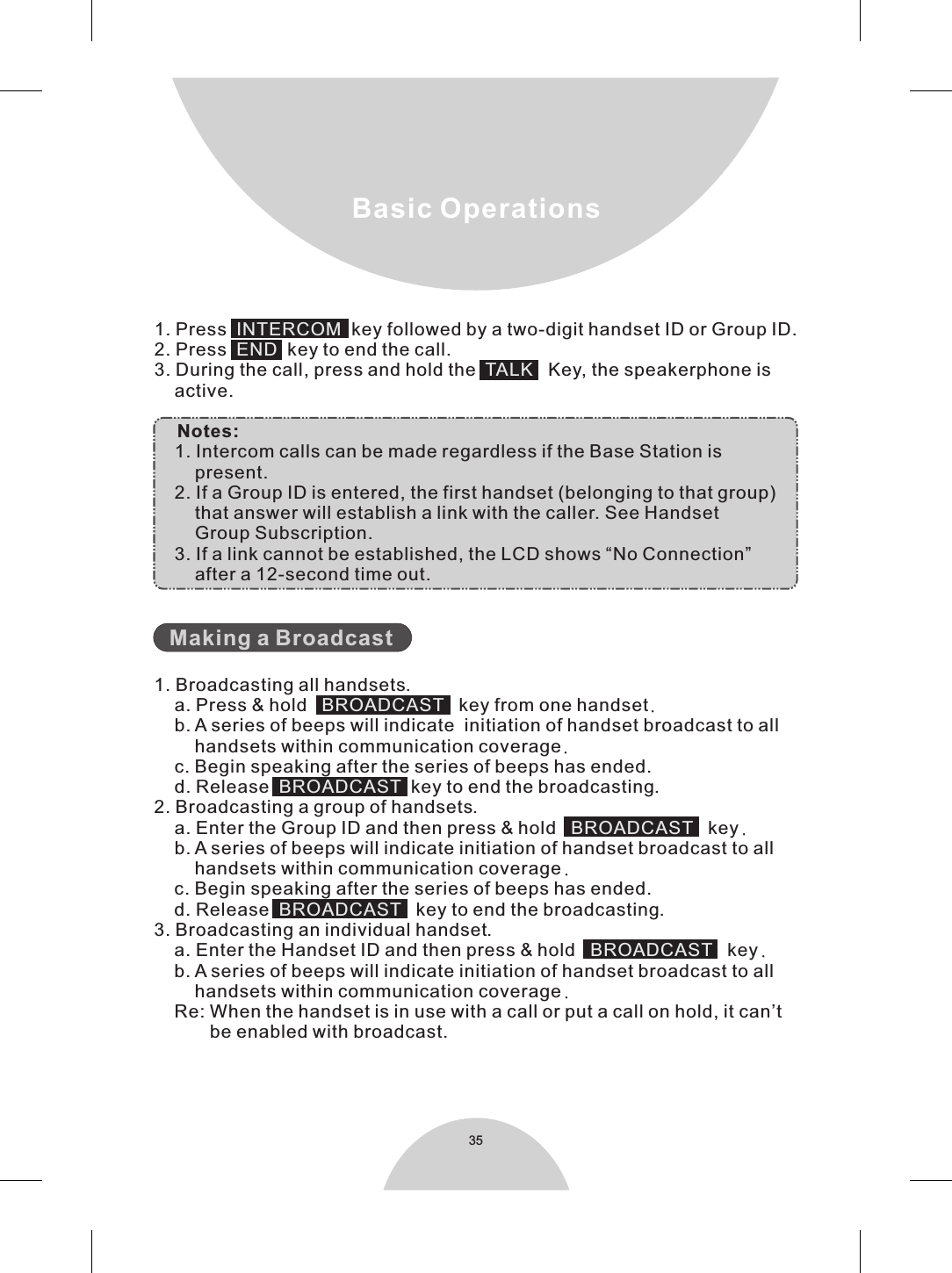 1. Press     key followed by a two-digit handset ID or Group ID.2. Press     key to end the call.3. During the call, press and hold the     Key, the speakerphone is    active.     Notes:    1. Intercom calls can be made regardless if the Base Station is        present.    2. If a Group ID is entered, the first handset (belonging to that group)        that answer will establish a link with the caller. See Handset        Group Subscription.    3. If a link cannot be established, the LCD shows “No Connection”         after a 12-second time out.   1. Broadcasting all handsets.    a. Press &amp; hold       key from one handset.    b. A series of beeps will indicate  initiation of handset broadcast to all        handsets within communication coverage.    c. Begin speaking after the series of beeps has ended.    d. Release    key to end the broadcasting.2. Broadcasting a group of handsets.    a. Enter the Group ID and then press &amp; hold       key.     b. A series of beeps will indicate initiation of handset broadcast to all        handsets within communication coverage.     c. Begin speaking after the series of beeps has ended.    d. Release    key to end the broadcasting.3. Broadcasting an individual handset.    a. Enter the Handset ID and then press &amp; hold       key.     b. A series of beeps will indicate initiation of handset broadcast to all        handsets within communication coverage.     Re: When the handset is in use with a call or put a call on hold, it can’t           be enabled with broadcast.INTERCOMENDTALK BROADCASTBROADCASTBROADCASTBROADCASTBROADCASTMaking a Broadcast   35Basic Operations