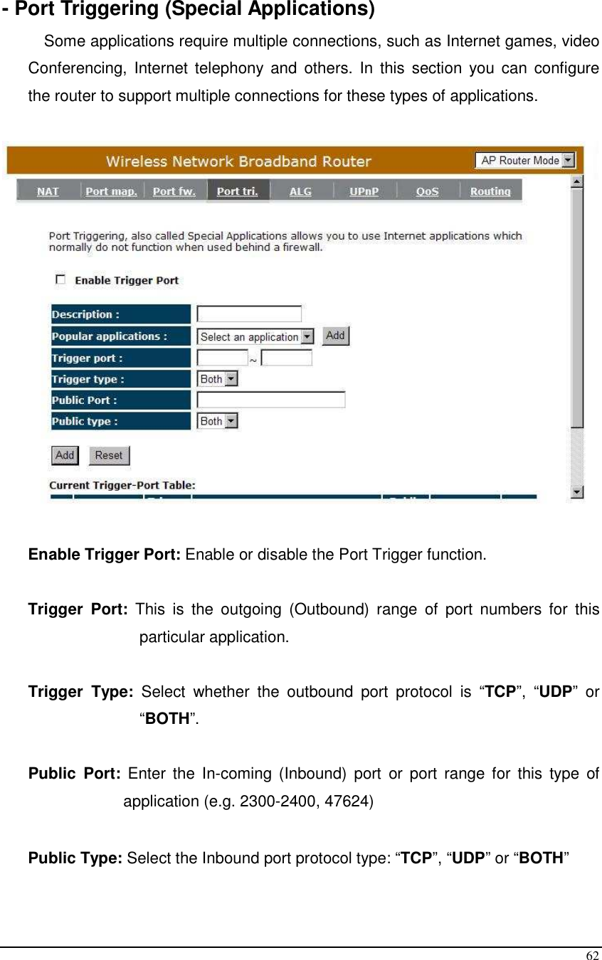 62  - Port Triggering (Special Applications) Some applications require multiple connections, such as Internet games, video Conferencing,  Internet telephony  and  others.  In  this  section  you can  configure the router to support multiple connections for these types of applications.     Enable Trigger Port: Enable or disable the Port Trigger function.  Trigger  Port:  This  is  the  outgoing  (Outbound)  range  of  port  numbers  for  this particular application.  Trigger  Type:  Select  whether  the  outbound  port  protocol  is  “TCP”,  “UDP”  or “BOTH”.  Public  Port:  Enter the  In-coming  (Inbound)  port  or  port  range  for  this  type  of application (e.g. 2300-2400, 47624)   Public Type: Select the Inbound port protocol type: “TCP”, “UDP” or “BOTH”  