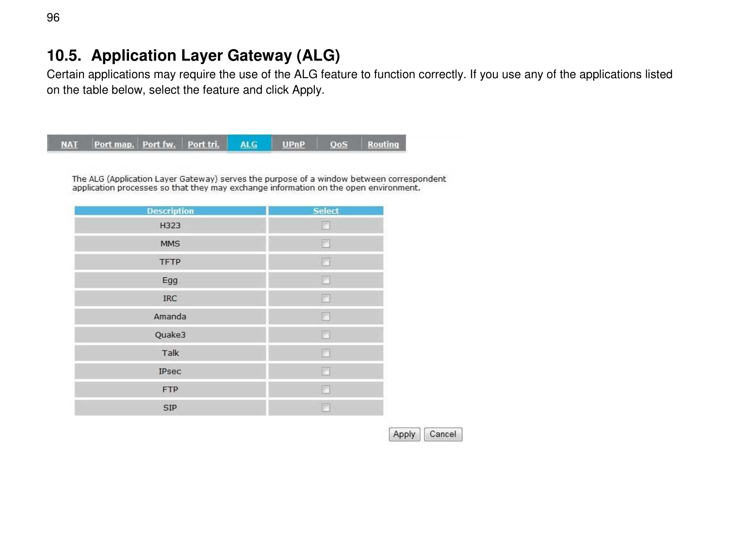  96 10.5.  Application Layer Gateway (ALG) Certain applications may require the use of the ALG feature to function correctly. If you use any of the applications listed on the table below, select the feature and click Apply.    