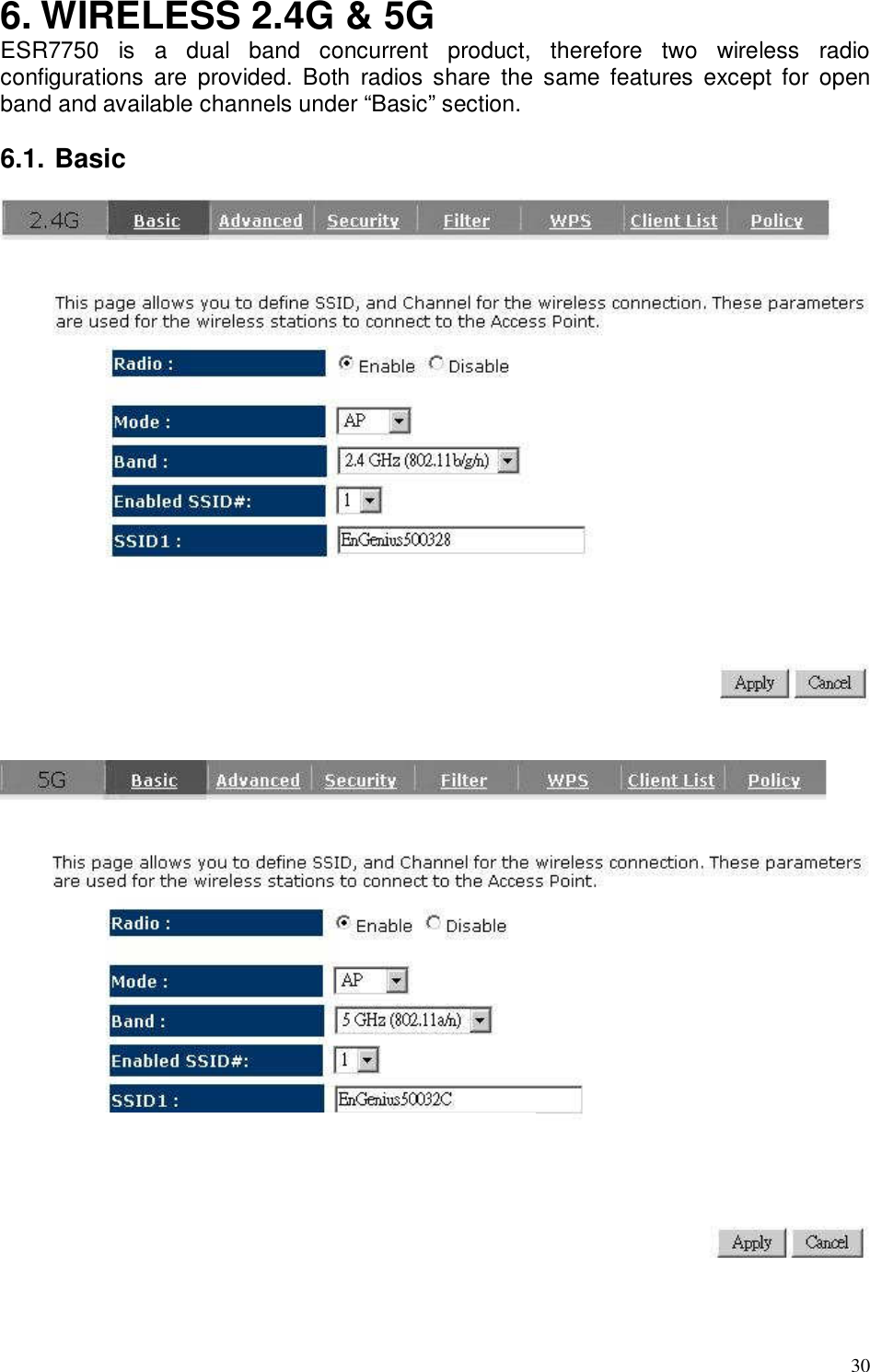  30 6. WIRELESS 2.4G &amp; 5G ESR7750  is  a  dual  band  concurrent  product,  therefore  two  wireless  radio configurations  are  provided.  Both  radios  share  the  same  features  except  for  open band and available channels under “Basic” section.    6.1. Basic        