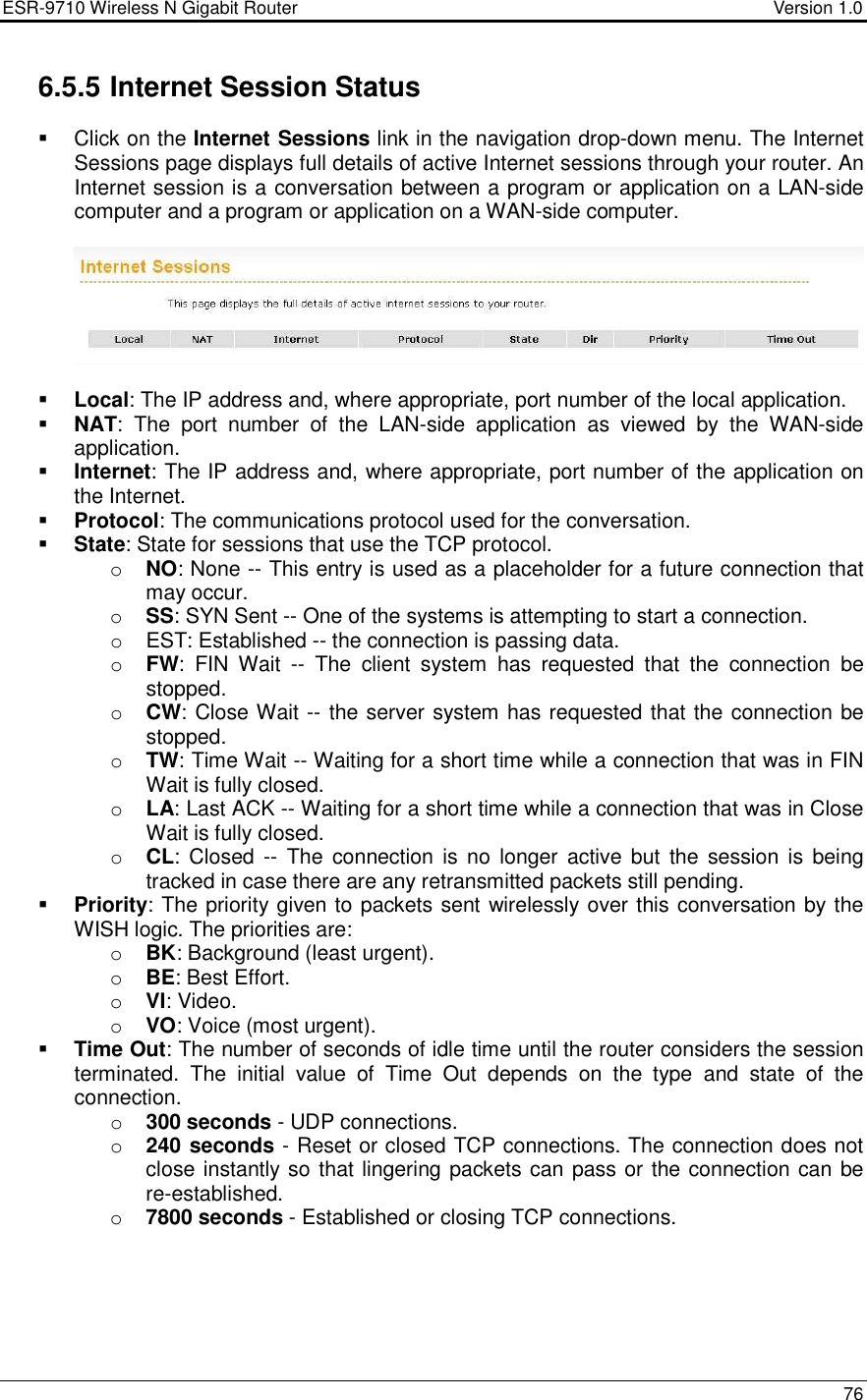 ESR-9710 Wireless N Gigabit Router                                    Version 1.0    76  6.5.5 Internet Session Status   Click on the Internet Sessions link in the navigation drop-down menu. The Internet Sessions page displays full details of active Internet sessions through your router. An Internet session is a conversation between a program or application on a LAN-side computer and a program or application on a WAN-side computer.      Local: The IP address and, where appropriate, port number of the local application.   NAT:  The  port  number  of  the  LAN-side  application  as  viewed  by  the  WAN-side application.   Internet: The IP address and, where appropriate, port number of the application on the Internet.   Protocol: The communications protocol used for the conversation.   State: State for sessions that use the TCP protocol.  o NO: None -- This entry is used as a placeholder for a future connection that may occur.  o SS: SYN Sent -- One of the systems is attempting to start a connection.  o  EST: Established -- the connection is passing data.  o FW:  FIN  Wait  --  The  client  system  has  requested  that  the  connection  be stopped.  o CW: Close Wait -- the server system has requested that the connection be stopped.  o TW: Time Wait -- Waiting for a short time while a connection that was in FIN Wait is fully closed.  o LA: Last ACK -- Waiting for a short time while a connection that was in Close Wait is fully closed.  o CL:  Closed  --  The  connection is no  longer  active  but  the  session is  being tracked in case there are any retransmitted packets still pending.   Priority: The priority given to packets sent wirelessly over this conversation by the WISH logic. The priorities are:  o BK: Background (least urgent).  o BE: Best Effort.  o VI: Video.  o VO: Voice (most urgent).   Time Out: The number of seconds of idle time until the router considers the session terminated.  The  initial  value  of  Time  Out  depends  on  the  type  and  state  of  the connection.  o 300 seconds - UDP connections.  o 240 seconds - Reset or closed TCP connections. The connection does not close instantly so that lingering packets can pass or the connection can be re-established.  o 7800 seconds - Established or closing TCP connections.       