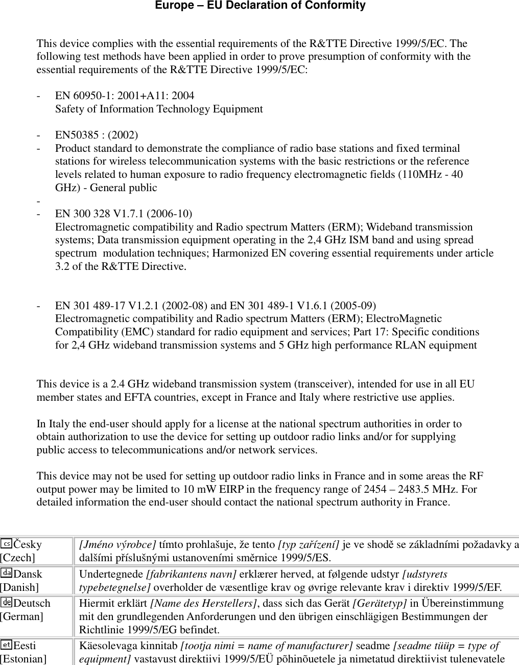 Europe – EU Declaration of Conformity  This device complies with the essential requirements of the R&amp;TTE Directive 1999/5/EC. The following test methods have been applied in order to prove presumption of conformity with the essential requirements of the R&amp;TTE Directive 1999/5/EC:  - EN 60950-1: 2001+A11: 2004 Safety of Information Technology Equipment  - EN50385 : (2002) - Product standard to demonstrate the compliance of radio base stations and fixed terminal stations for wireless telecommunication systems with the basic restrictions or the reference levels related to human exposure to radio frequency electromagnetic fields (110MHz - 40 GHz) - General public -  - EN 300 328 V1.7.1 (2006-10) Electromagnetic compatibility and Radio spectrum Matters (ERM); Wideband transmission systems; Data transmission equipment operating in the 2,4 GHz ISM band and using spread spectrum  modulation techniques; Harmonized EN covering essential requirements under article 3.2 of the R&amp;TTE Directive.   - EN 301 489-17 V1.2.1 (2002-08) and EN 301 489-1 V1.6.1 (2005-09) Electromagnetic compatibility and Radio spectrum Matters (ERM); ElectroMagnetic Compatibility (EMC) standard for radio equipment and services; Part 17: Specific conditions for 2,4 GHz wideband transmission systems and 5 GHz high performance RLAN equipment   This device is a 2.4 GHz wideband transmission system (transceiver), intended for use in all EU member states and EFTA countries, except in France and Italy where restrictive use applies.  In Italy the end-user should apply for a license at the national spectrum authorities in order to obtain authorization to use the device for setting up outdoor radio links and/or for supplying public access to telecommunications and/or network services.  This device may not be used for setting up outdoor radio links in France and in some areas the RF output power may be limited to 10 mW EIRP in the frequency range of 2454 – 2483.5 MHz. For detailed information the end-user should contact the national spectrum authority in France.   Česky [Czech]  [Jméno výrobce] tímto prohlašuje, že tento [typ zařízení] je ve shodě se základními požadavky a dalšími příslušnými ustanoveními směrnice 1999/5/ES. Dansk [Danish]  Undertegnede [fabrikantens navn] erklærer herved, at følgende udstyr [udstyrets typebetegnelse] overholder de væsentlige krav og øvrige relevante krav i direktiv 1999/5/EF. Deutsch [German]  Hiermit erklärt [Name des Herstellers], dass sich das Gerät [Gerätetyp] in Übereinstimmung mit den grundlegenden Anforderungen und den übrigen einschlägigen Bestimmungen der Richtlinie 1999/5/EG befindet. Eesti [Estonian]  Käesolevaga kinnitab [tootja nimi = name of manufacturer] seadme [seadme tüüp = type of equipment] vastavust direktiivi 1999/5/EÜ põhinõuetele ja nimetatud direktiivist tulenevatele 