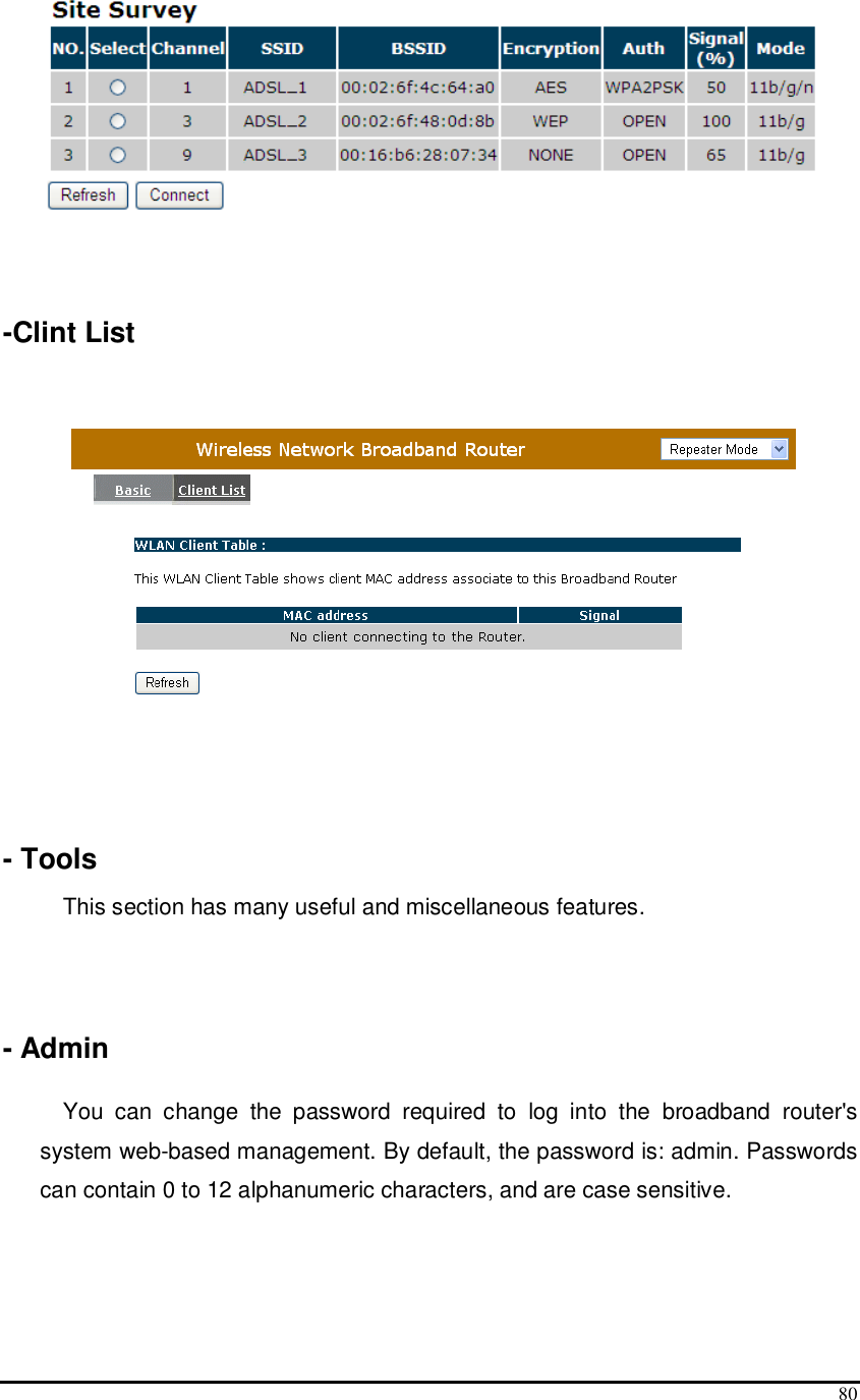  80    -Clint List     - Tools This section has many useful and miscellaneous features.   - Admin  You  can  change  the  password  required  to  log  into  the  broadband  router&apos;s system web-based management. By default, the password is: admin. Passwords can contain 0 to 12 alphanumeric characters, and are case sensitive.  