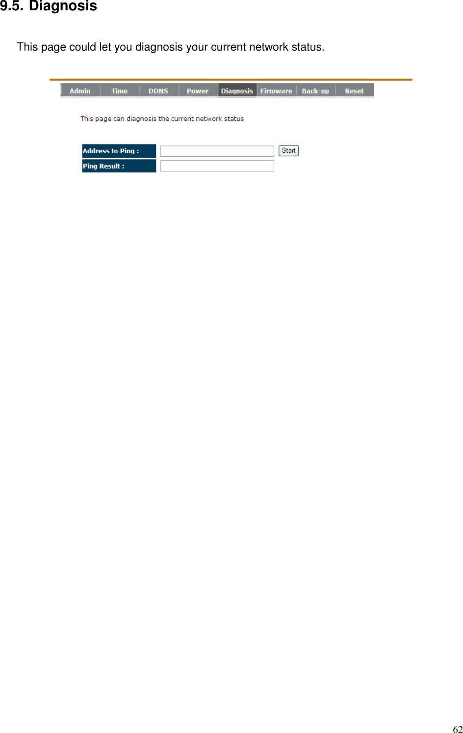   62 9.5. Diagnosis  This page could let you diagnosis your current network status.     