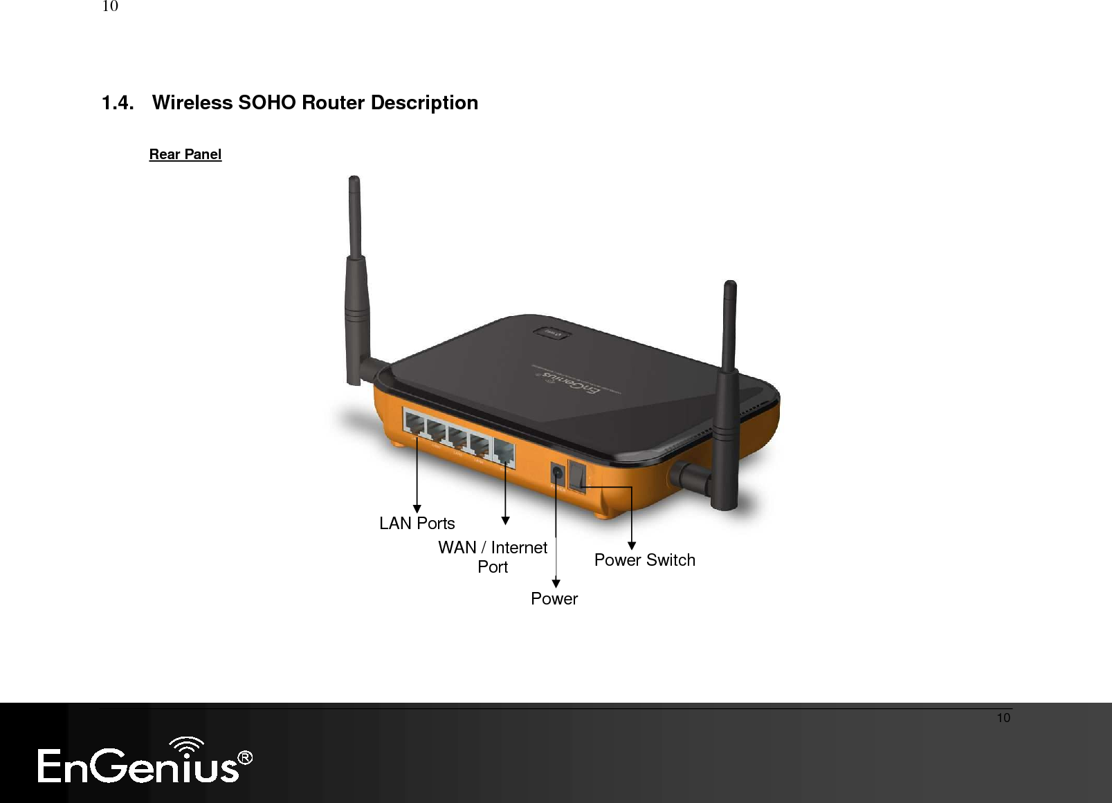   10  10  1.4.  Wireless SOHO Router Description        Rear Panel Power Switch LAN Ports WAN / Internet Port Power 
