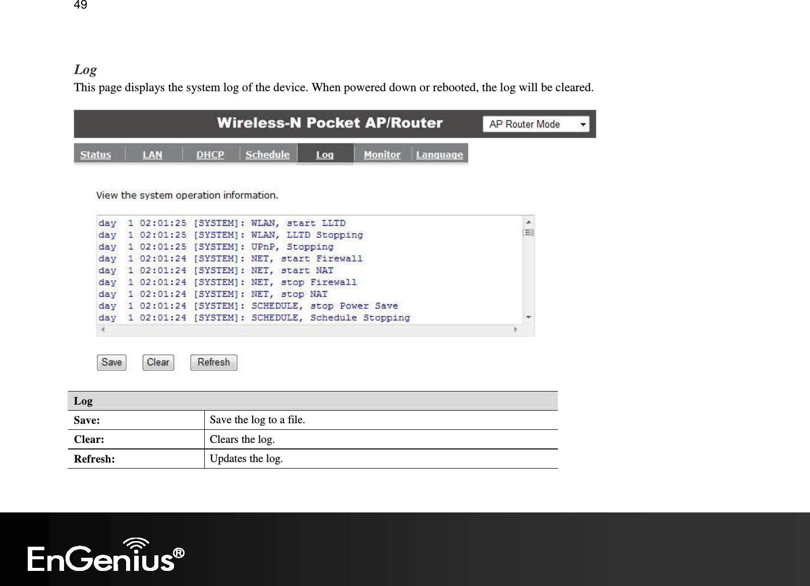   49  Log This page displays the system log of the device. When powered down or rebooted, the log will be cleared.  Log Save:  Save the log to a file. Clear:  Clears the log. Refresh:  Updates the log.  