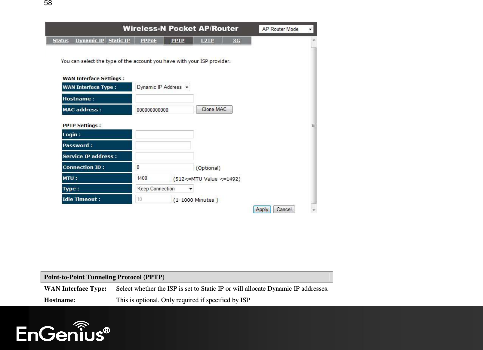   58     Point-to-Point Tunneling Protocol (PPTP) WAN Interface Type:  Select whether the ISP is set to Static IP or will allocate Dynamic IP addresses. Hostname:  This is optional. Only required if specified by ISP 