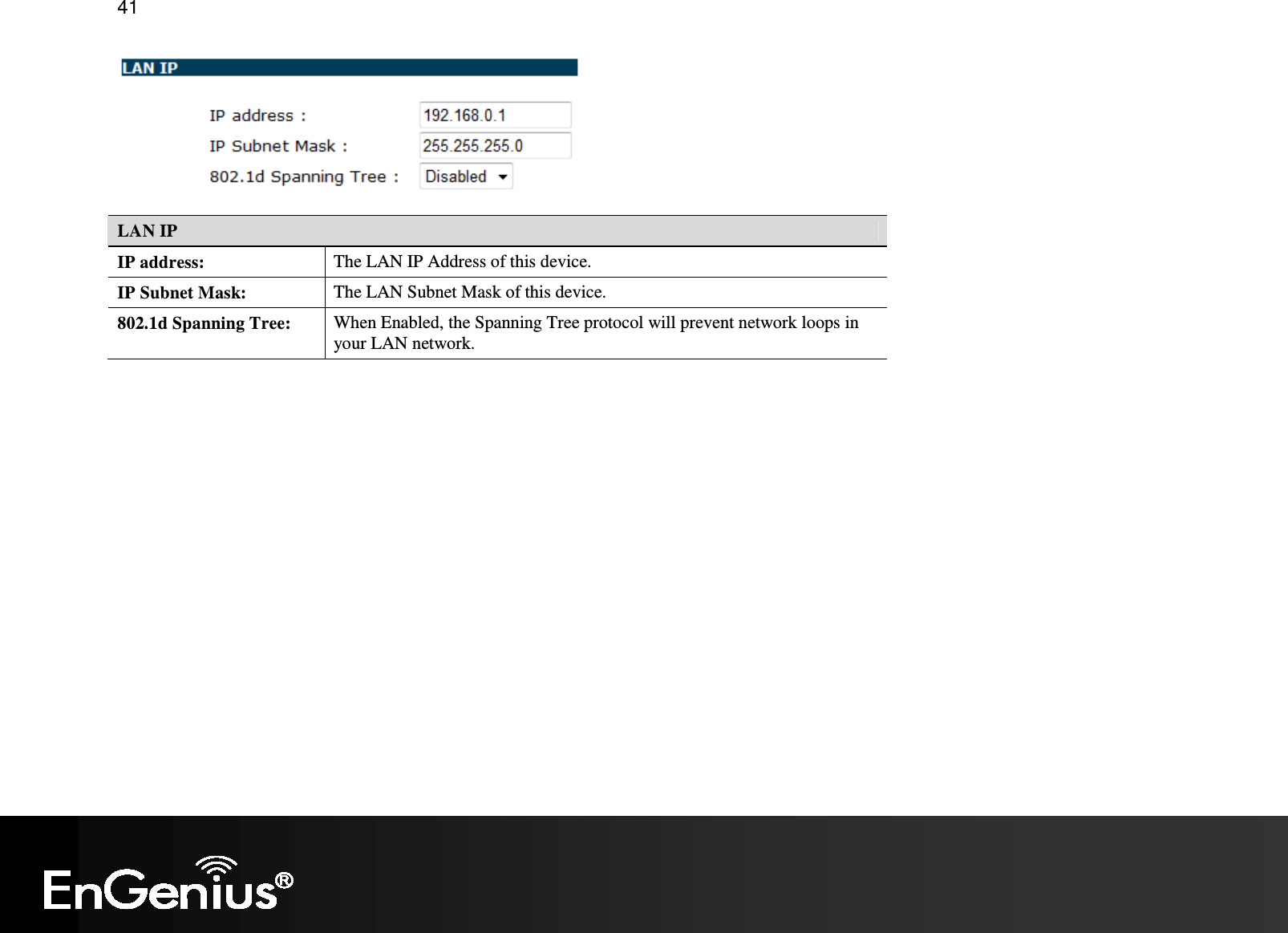   41  LAN IP IP address:  The LAN IP Address of this device. IP Subnet Mask:  The LAN Subnet Mask of this device. 802.1d Spanning Tree:  When Enabled, the Spanning Tree protocol will prevent network loops in your LAN network.  