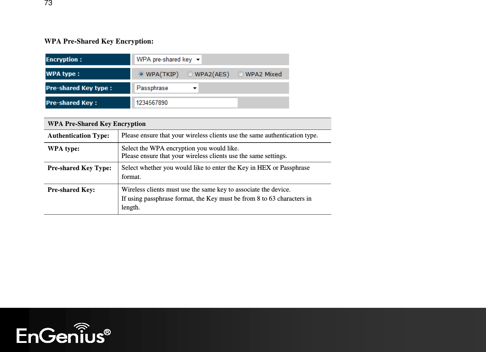   73  WPA Pre-Shared Key Encryption:  WPA Pre-Shared Key Encryption Authentication Type: Please ensure that your wireless clients use the same authentication type. WPA type: Select the WPA encryption you would like. Please ensure that your wireless clients use the same settings. Pre-shared Key Type: Select whether you would like to enter the Key in HEX or Passphrase format. Pre-shared Key: Wireless clients must use the same key to associate the device. If using passphrase format, the Key must be from 8 to 63 characters in length.  