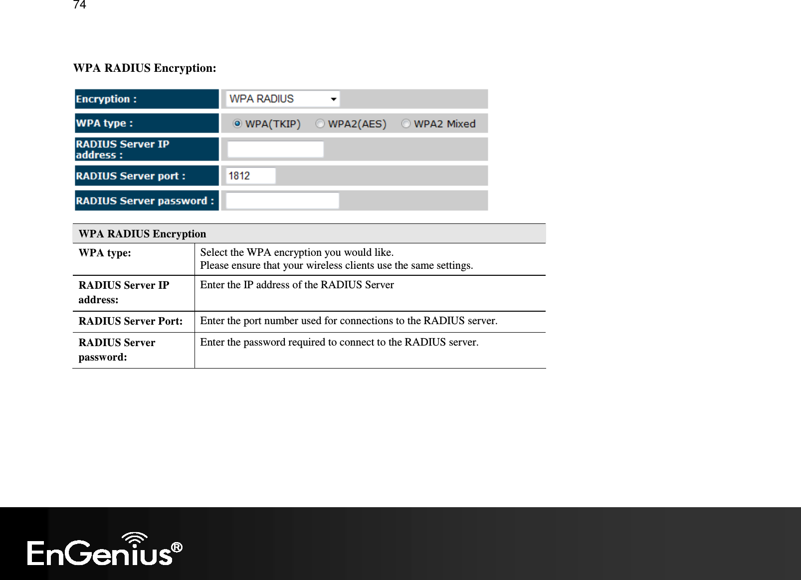   74  WPA RADIUS Encryption:  WPA RADIUS Encryption WPA type:  Select the WPA encryption you would like. Please ensure that your wireless clients use the same settings. RADIUS Server IP address: Enter the IP address of the RADIUS Server RADIUS Server Port:  Enter the port number used for connections to the RADIUS server. RADIUS Server password: Enter the password required to connect to the RADIUS server.  