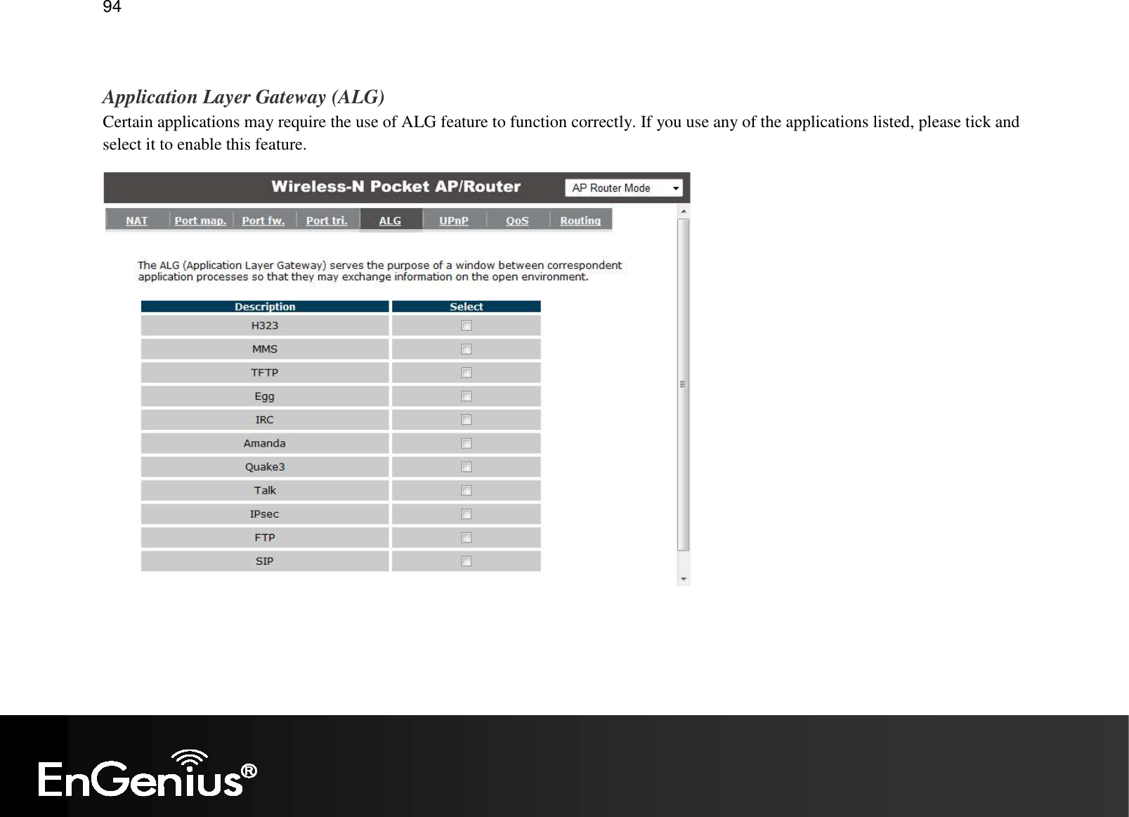   94  Application Layer Gateway (ALG) Certain applications may require the use of ALG feature to function correctly. If you use any of the applications listed, please tick and select it to enable this feature.  