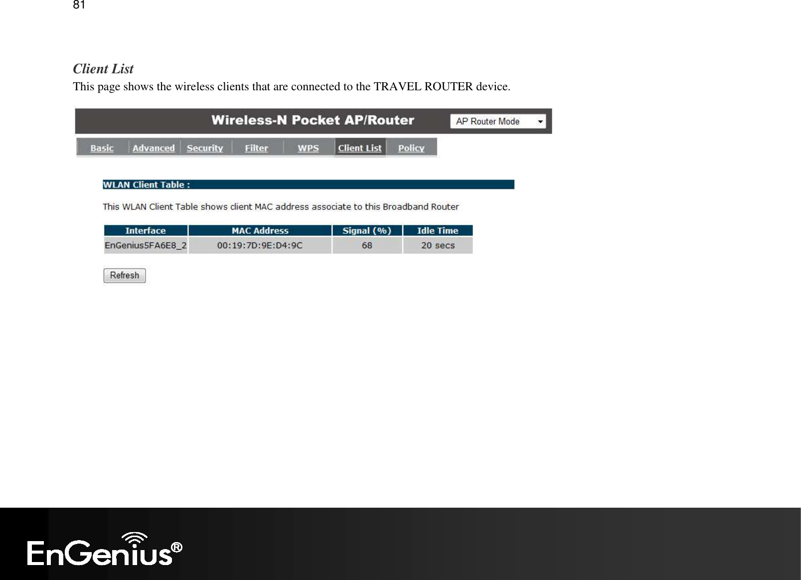   81  Client List This page shows the wireless clients that are connected to the TRAVEL ROUTER device.  