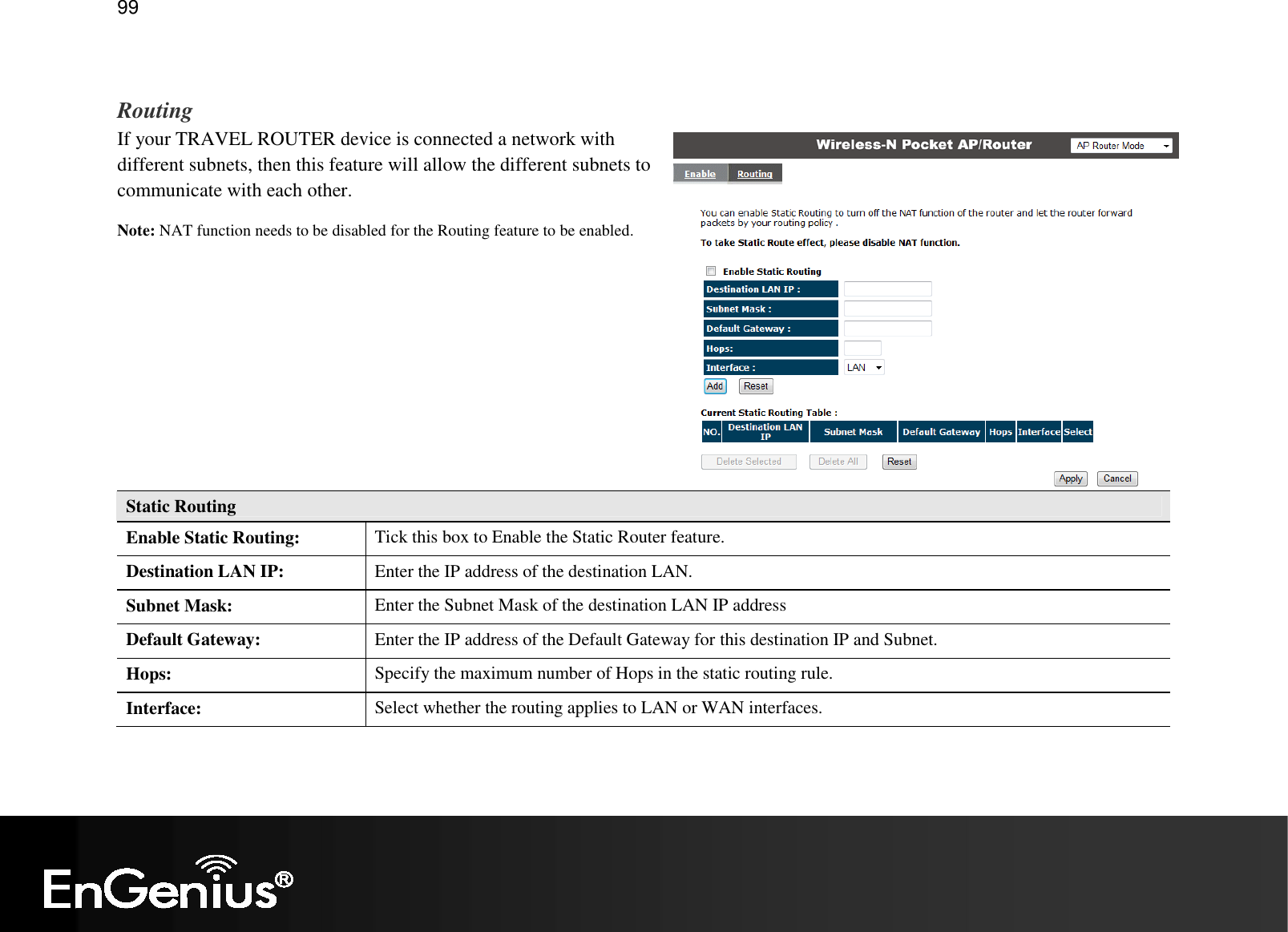   99  Routing If your TRAVEL ROUTER device is connected a network with different subnets, then this feature will allow the different subnets to communicate with each other. Note: NAT function needs to be disabled for the Routing feature to be enabled.     Static Routing Enable Static Routing:  Tick this box to Enable the Static Router feature. Destination LAN IP:  Enter the IP address of the destination LAN. Subnet Mask:  Enter the Subnet Mask of the destination LAN IP address Default Gateway:  Enter the IP address of the Default Gateway for this destination IP and Subnet. Hops:  Specify the maximum number of Hops in the static routing rule. Interface:  Select whether the routing applies to LAN or WAN interfaces.  