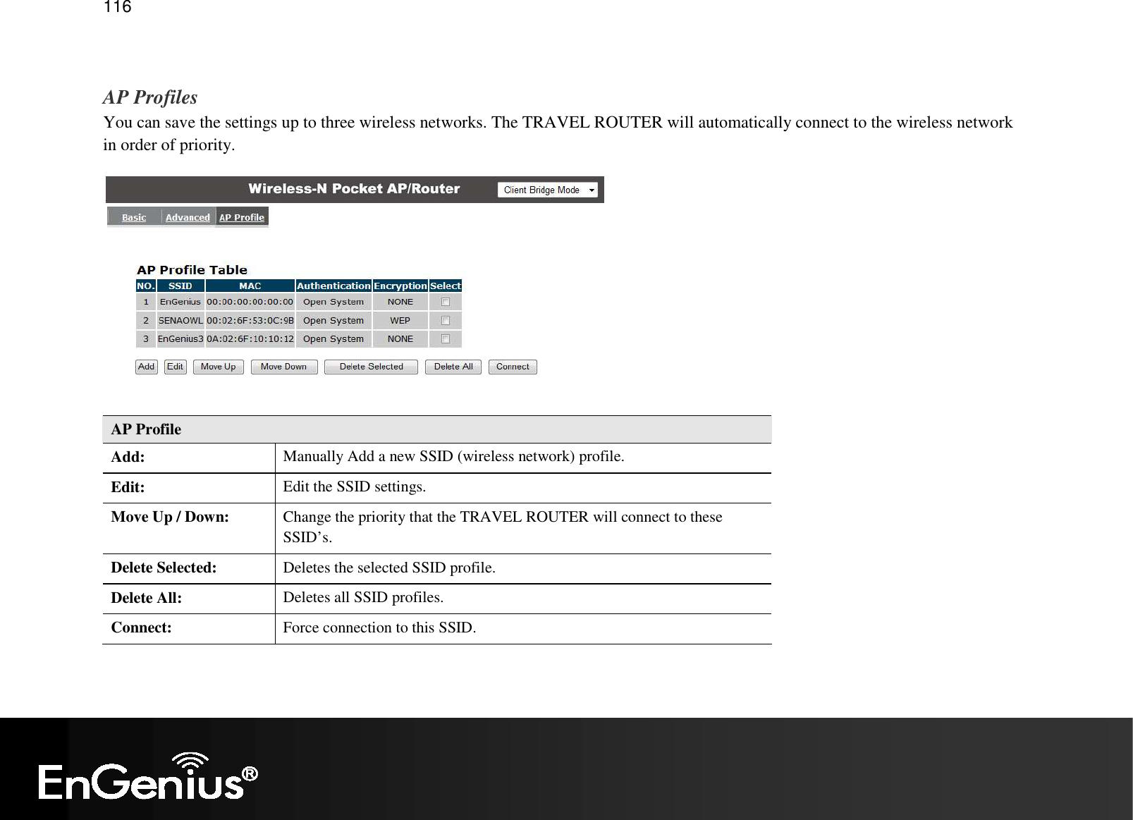   116  AP Profiles You can save the settings up to three wireless networks. The TRAVEL ROUTER will automatically connect to the wireless network in order of priority.  AP Profile Add:  Manually Add a new SSID (wireless network) profile. Edit:  Edit the SSID settings. Move Up / Down:  Change the priority that the TRAVEL ROUTER will connect to these SSID’s. Delete Selected:  Deletes the selected SSID profile. Delete All:  Deletes all SSID profiles. Connect:  Force connection to this SSID.  