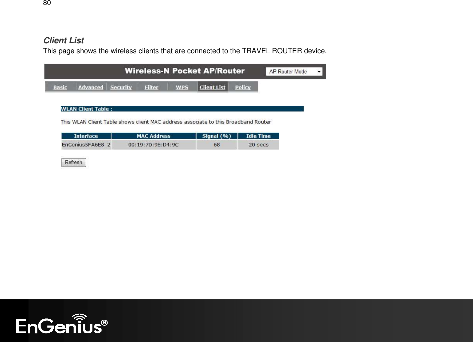   80  Client List This page shows the wireless clients that are connected to the TRAVEL ROUTER device.  